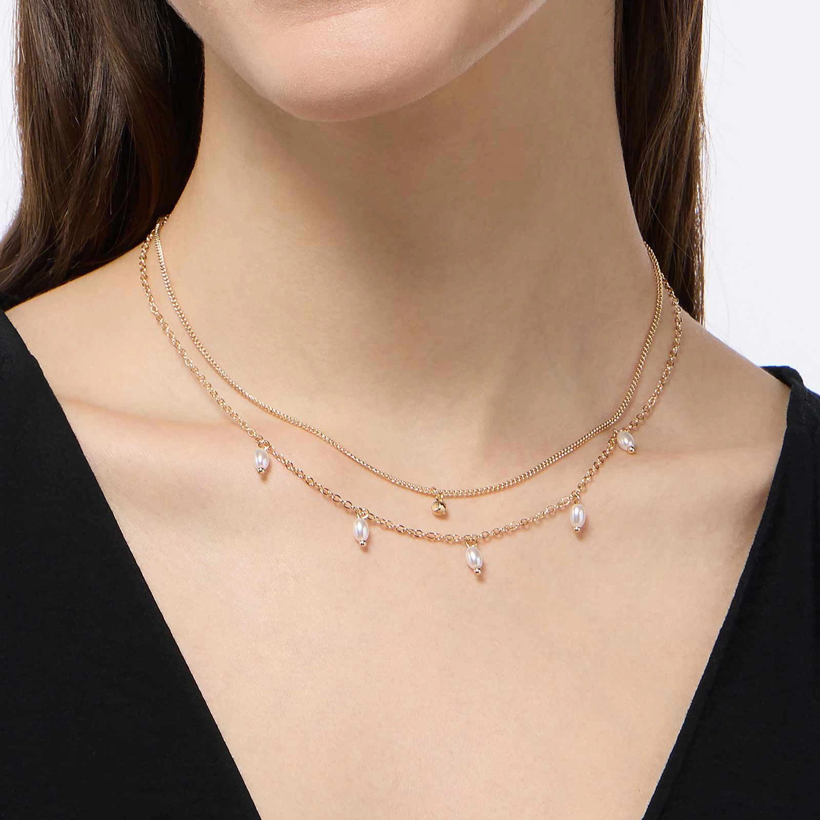 Guldfärgat halsband - 2 rader, ovala pärlor, 40+8 cm