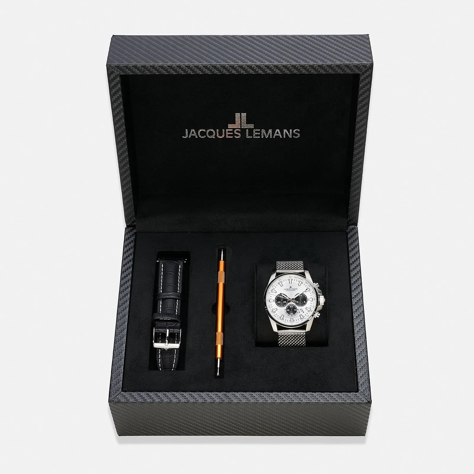 Jacques Lemans Liverpool herr vit/stål, mesh-länk - 1-1876K