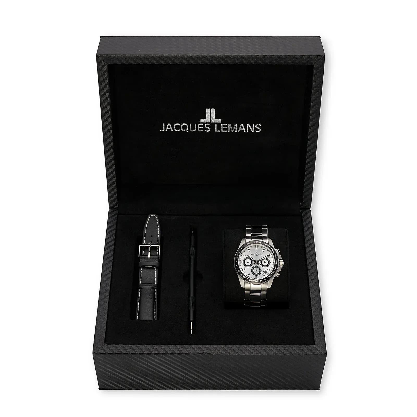Jacques Lemans Liverpool - klockset herr, stål/vit, 41 mm