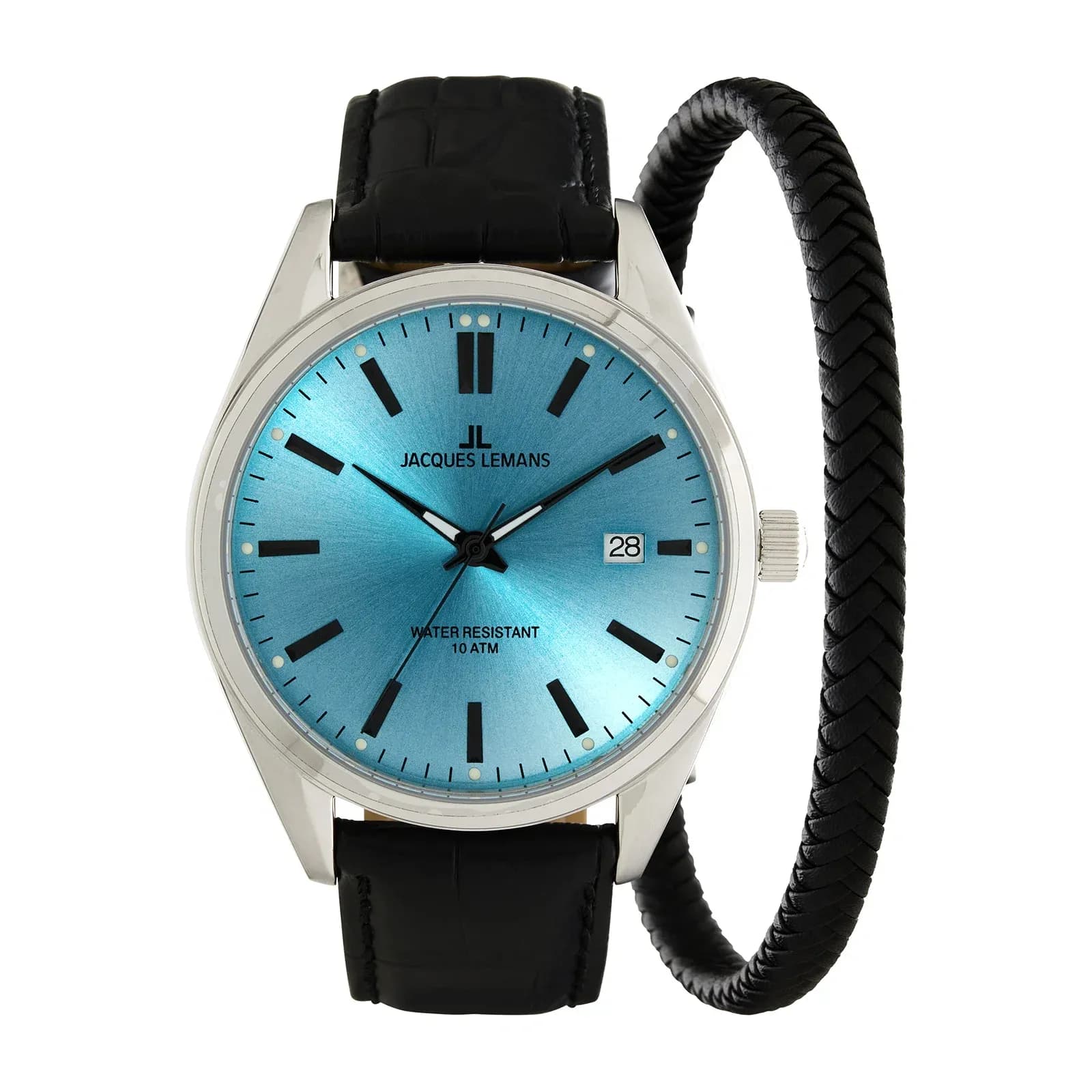 Jacques Lemans herrklocka - presentset, stål/turkos, 43mm