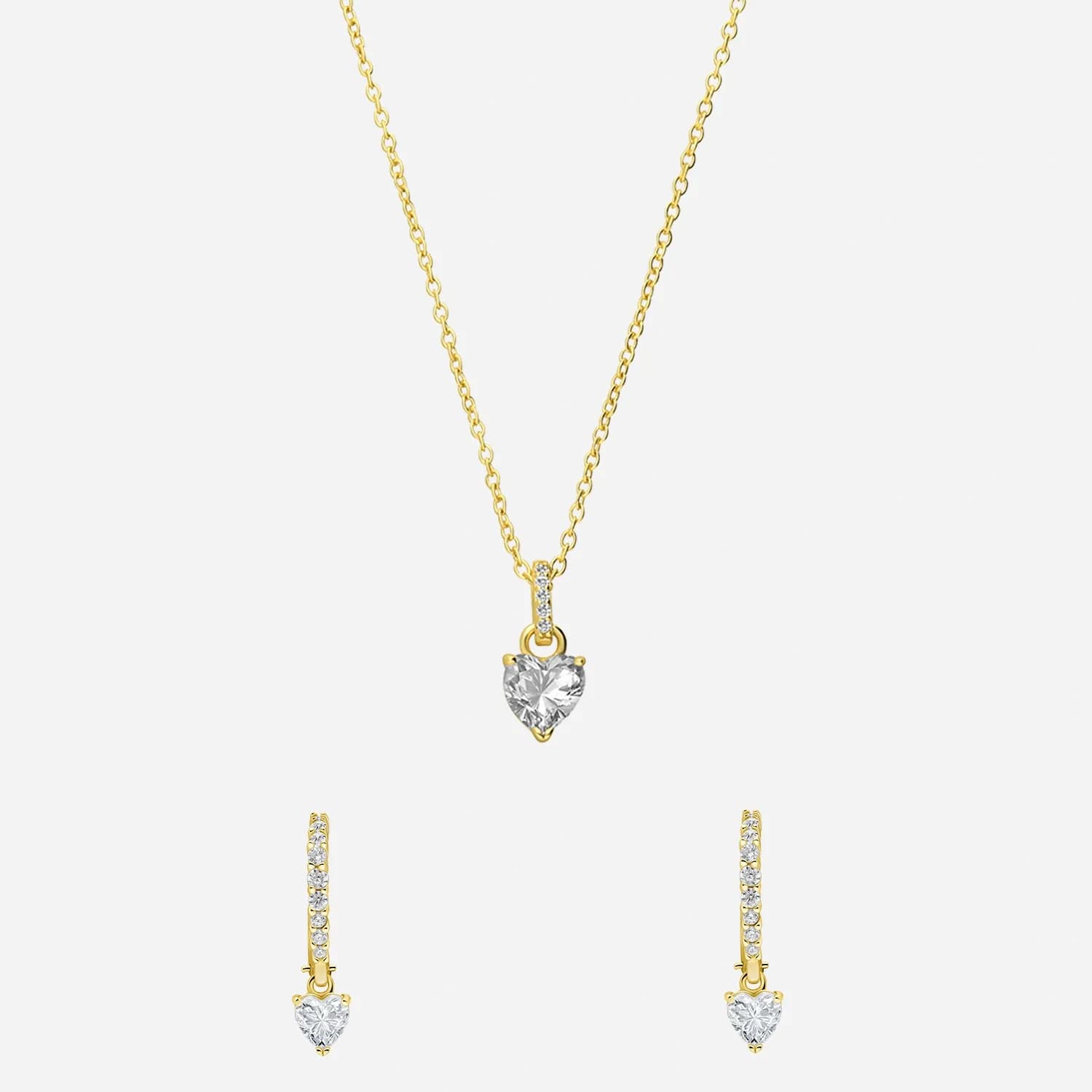 Set i guldpläterat silver, halsband och örhängen med hjärtan