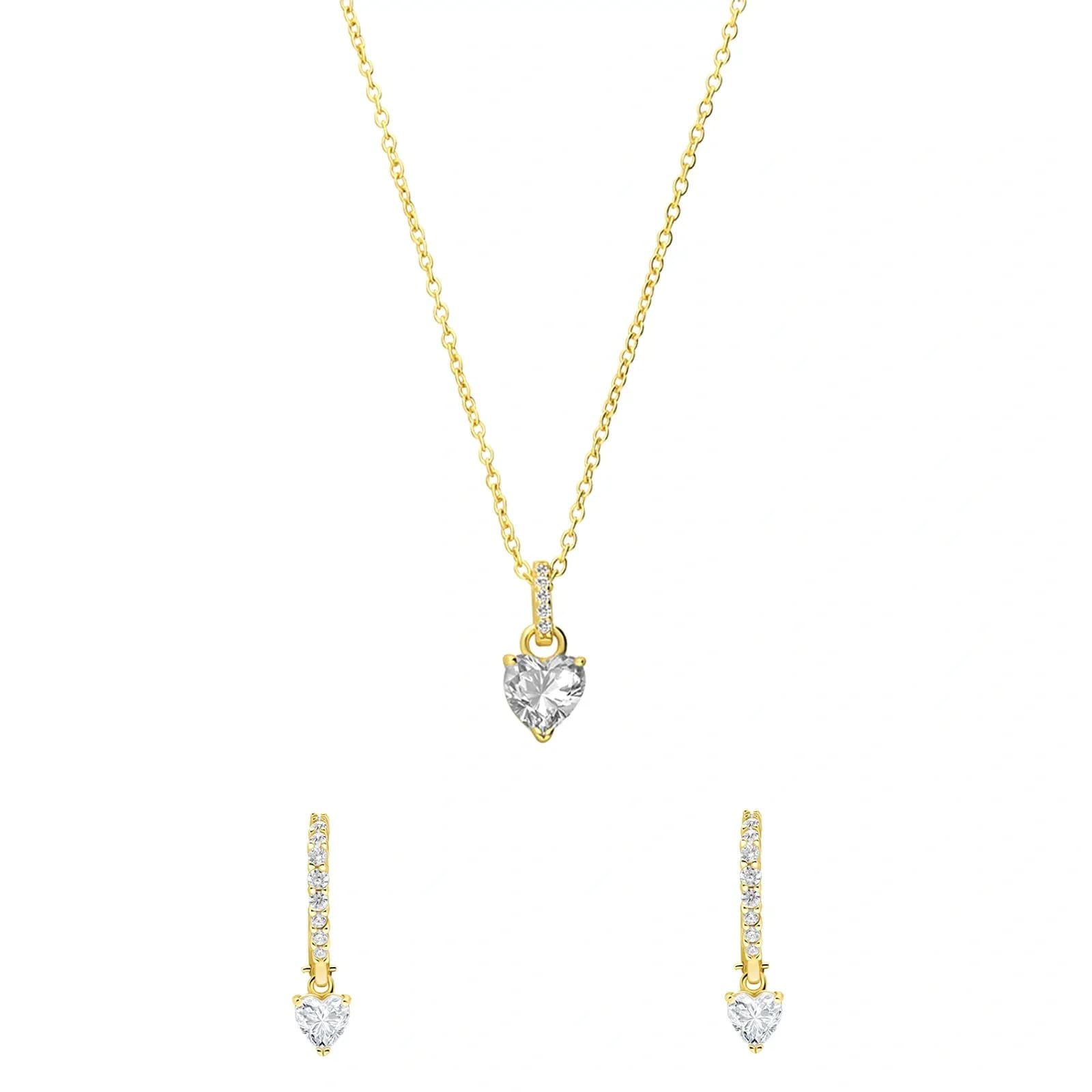 Set i guldpläterat silver, halsband och örhängen med hjärtan