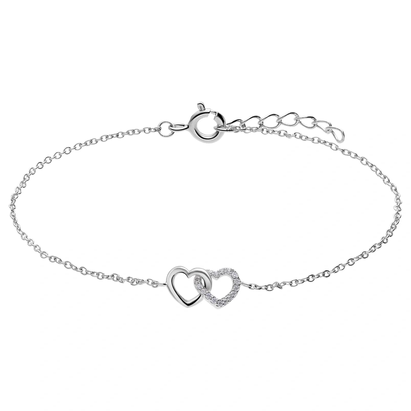 Rhodiumpläterat silverarmband, hjärtan med kubisk zirkonia - 16+2 cm