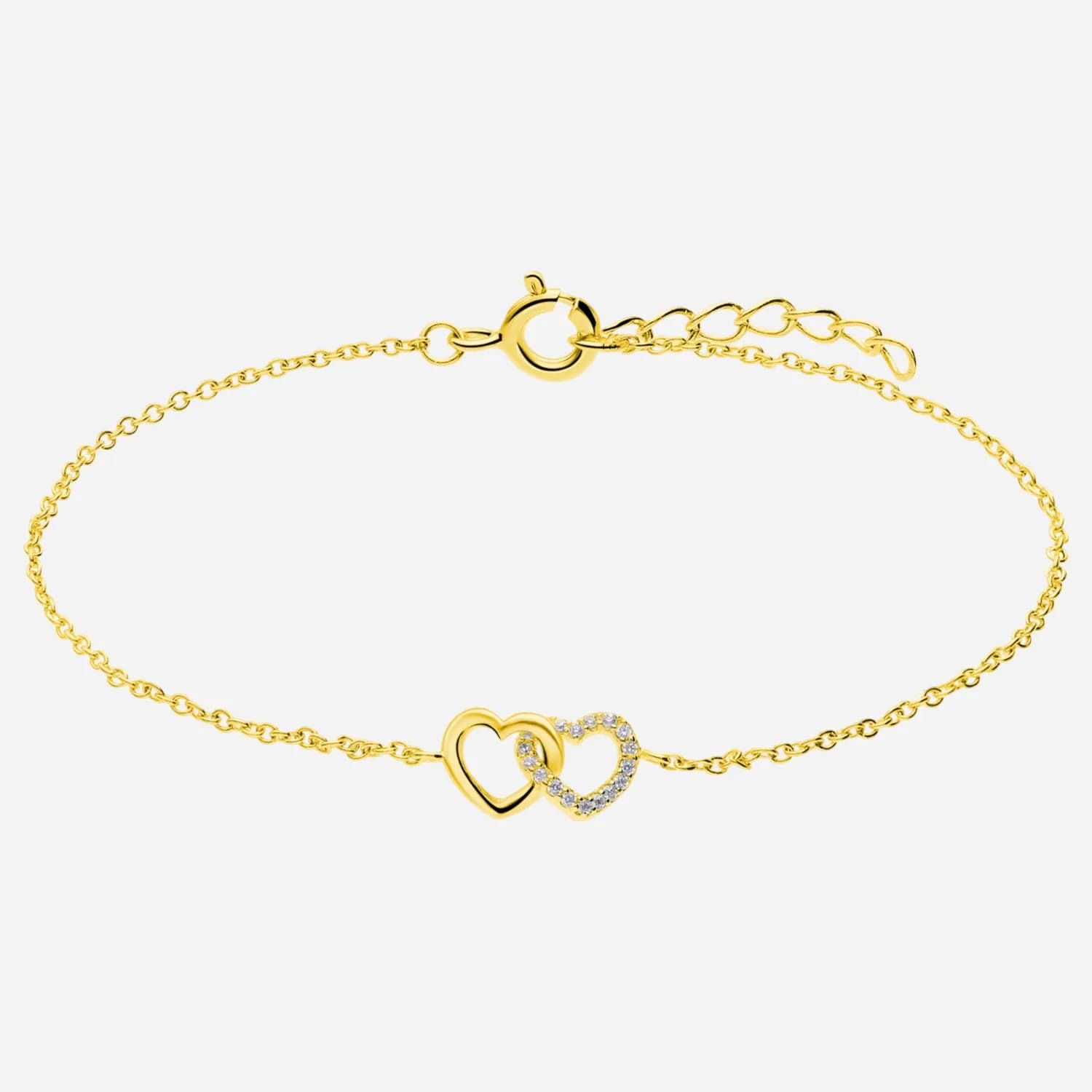 Guldpläterat silverarmband med sammanlänkade hjärtan - 16+2 cm.