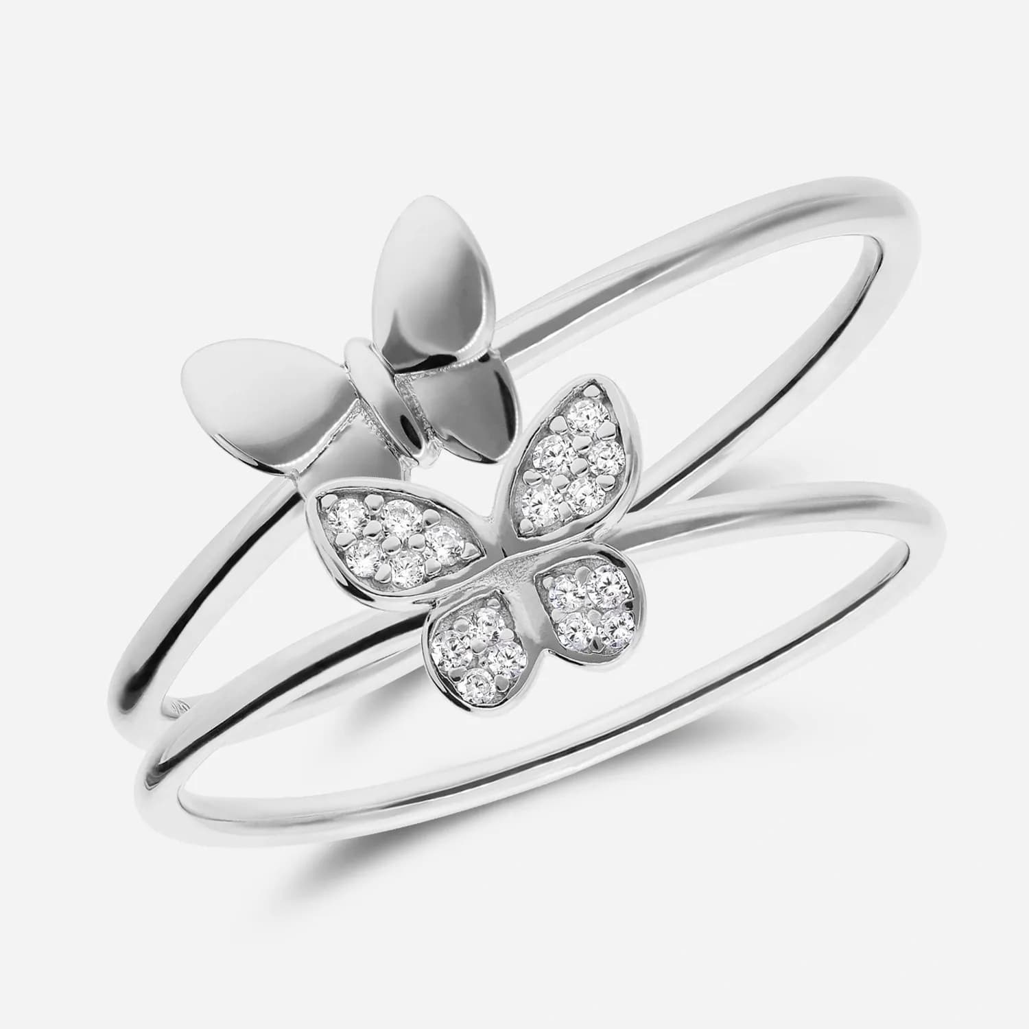 Ring i rhodinerat silver - 2-i-1 med fjäril och Kubisk Zirkonia
