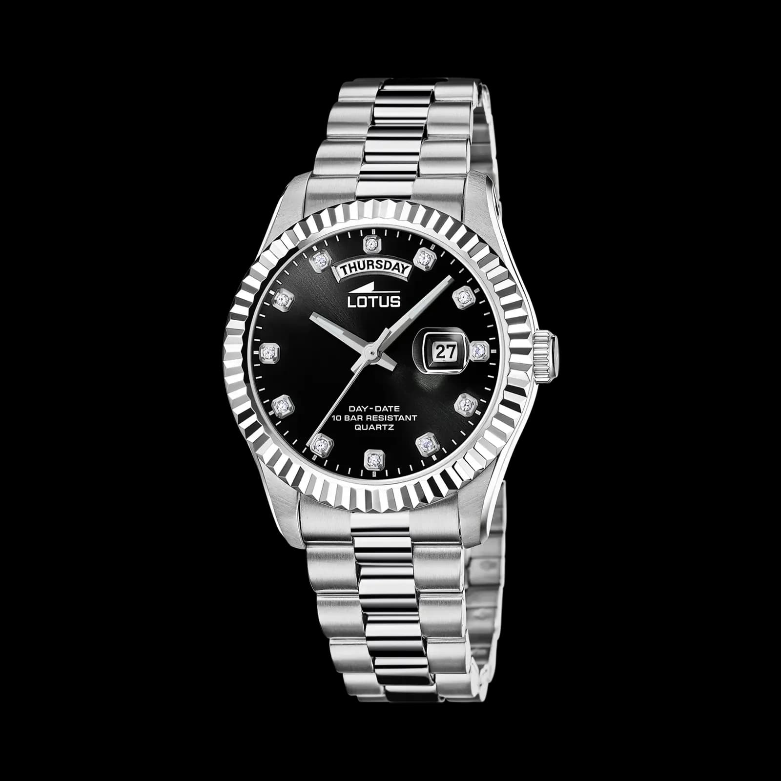 Lotus herrklocka -  dag/datum,  stål/svart, stenar, 41,5 mm