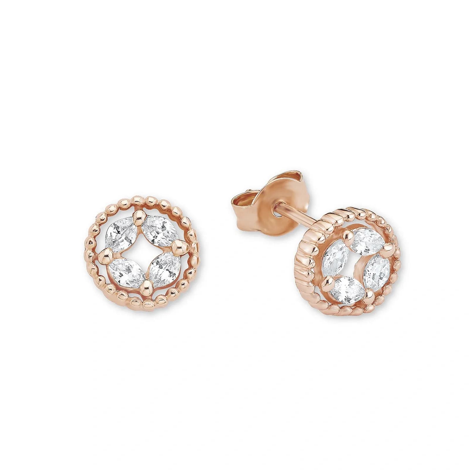 Guldpläterade silverörhängen, studs runda med vita stenar - 8 mm