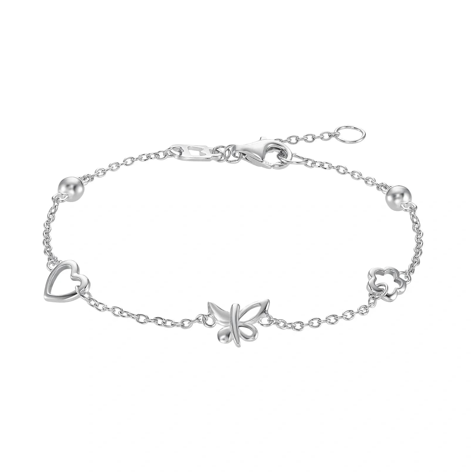 Silverarmband, länk med hjärta, fjäril och blomma – 17+2 cm 2