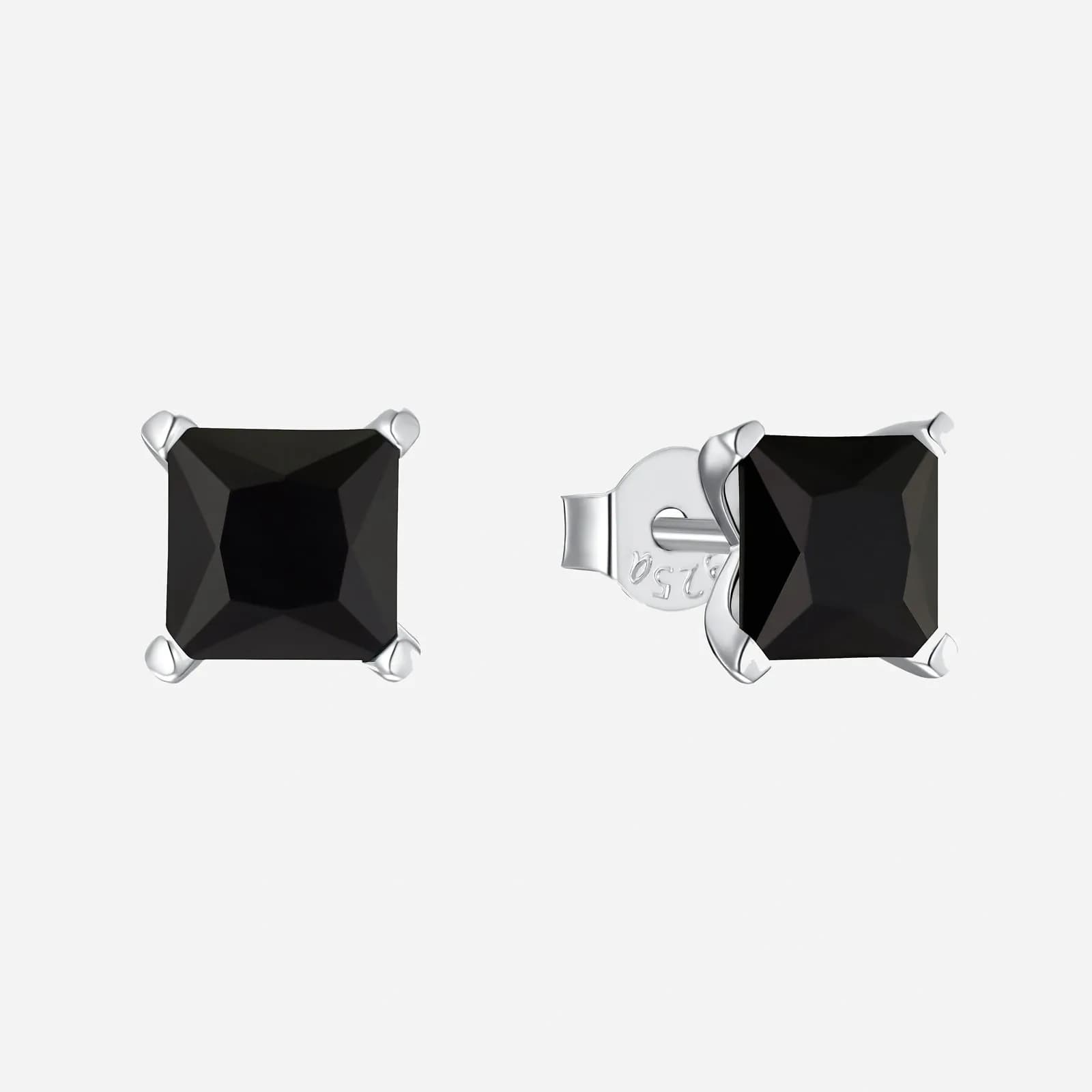 Silverörhängen, studs kvadratiska med svarta stenar - 8 mm