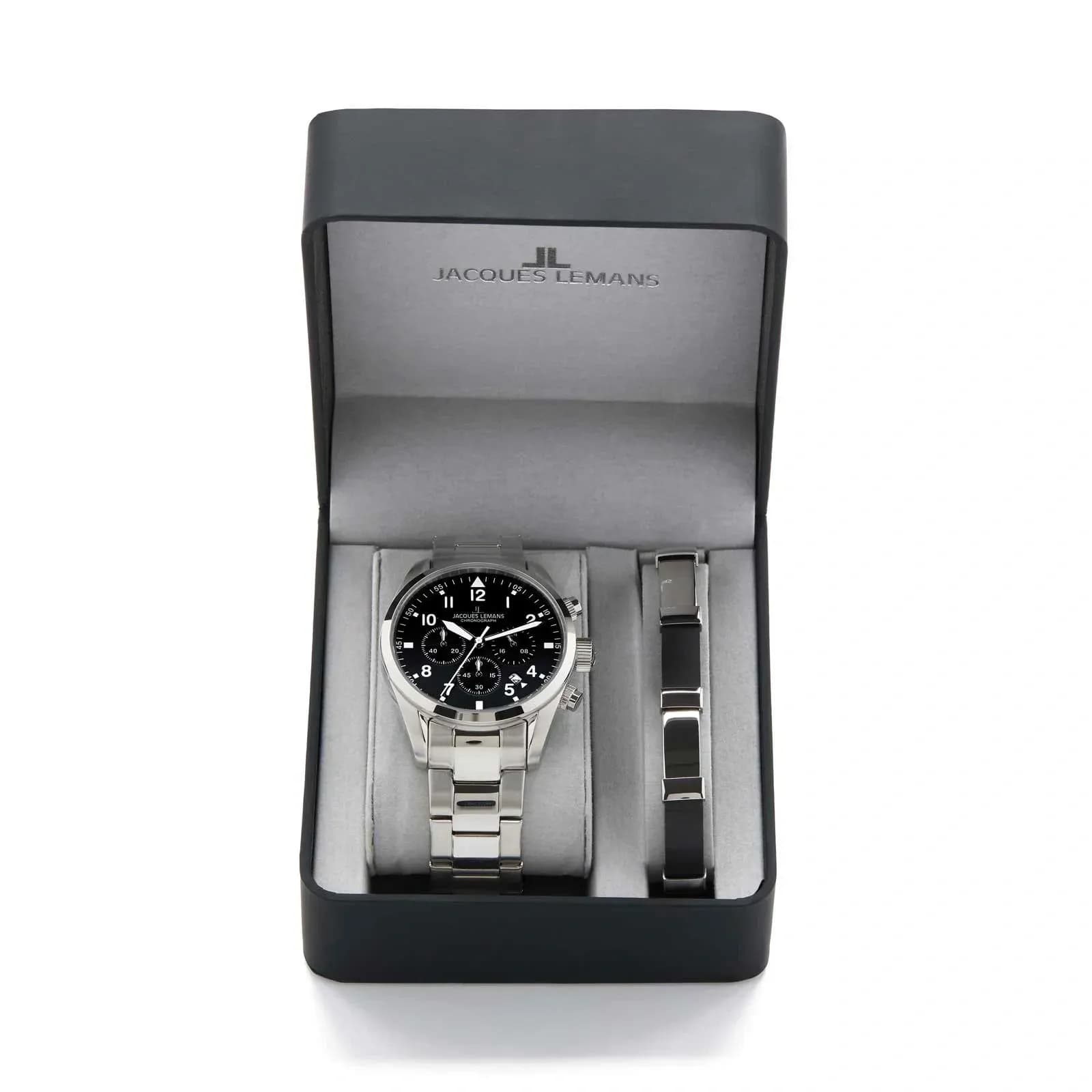 Jacques Lemans Sport - set herrklocka stål/svart, 42mm