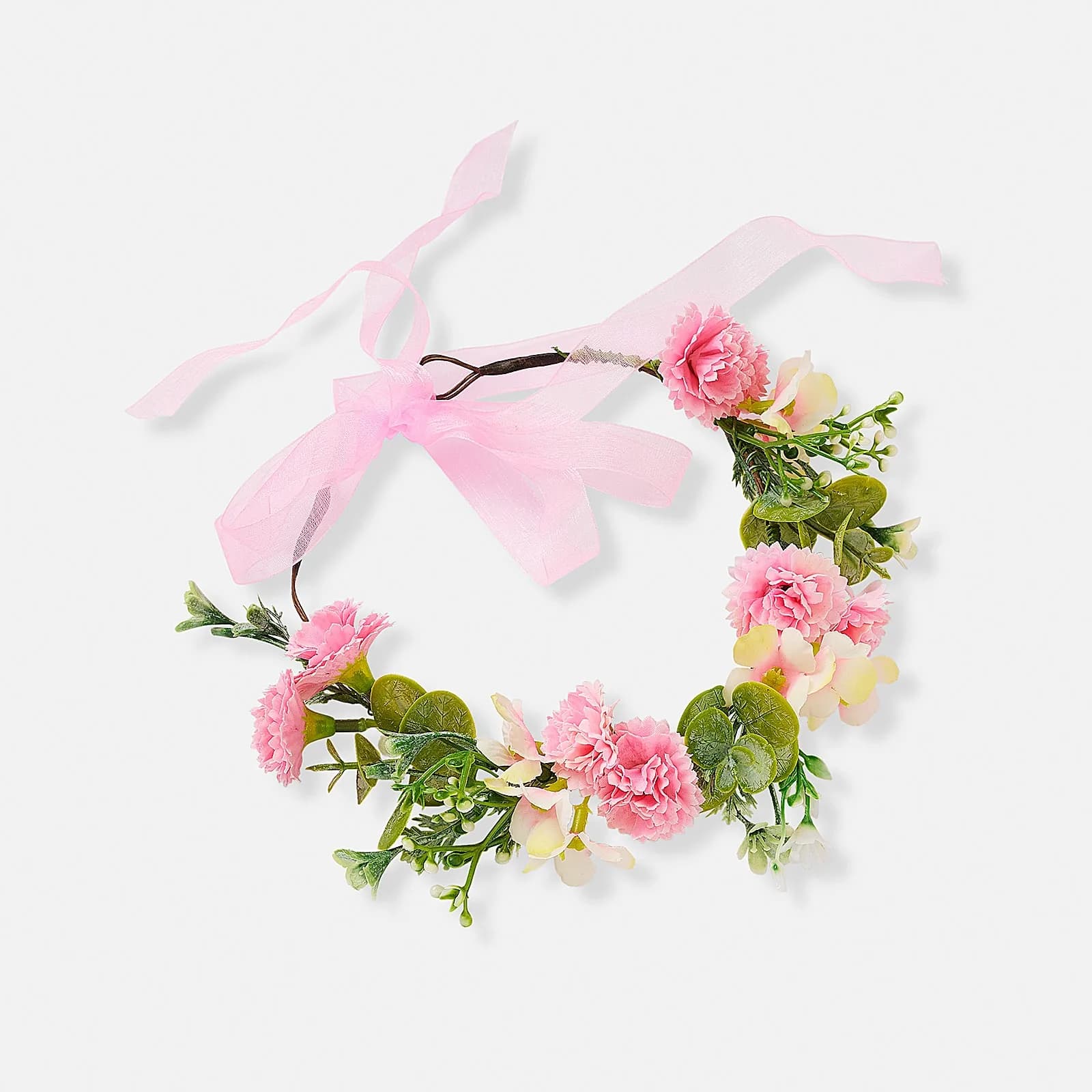 Blomkrans med band, rosa blommor & blad
