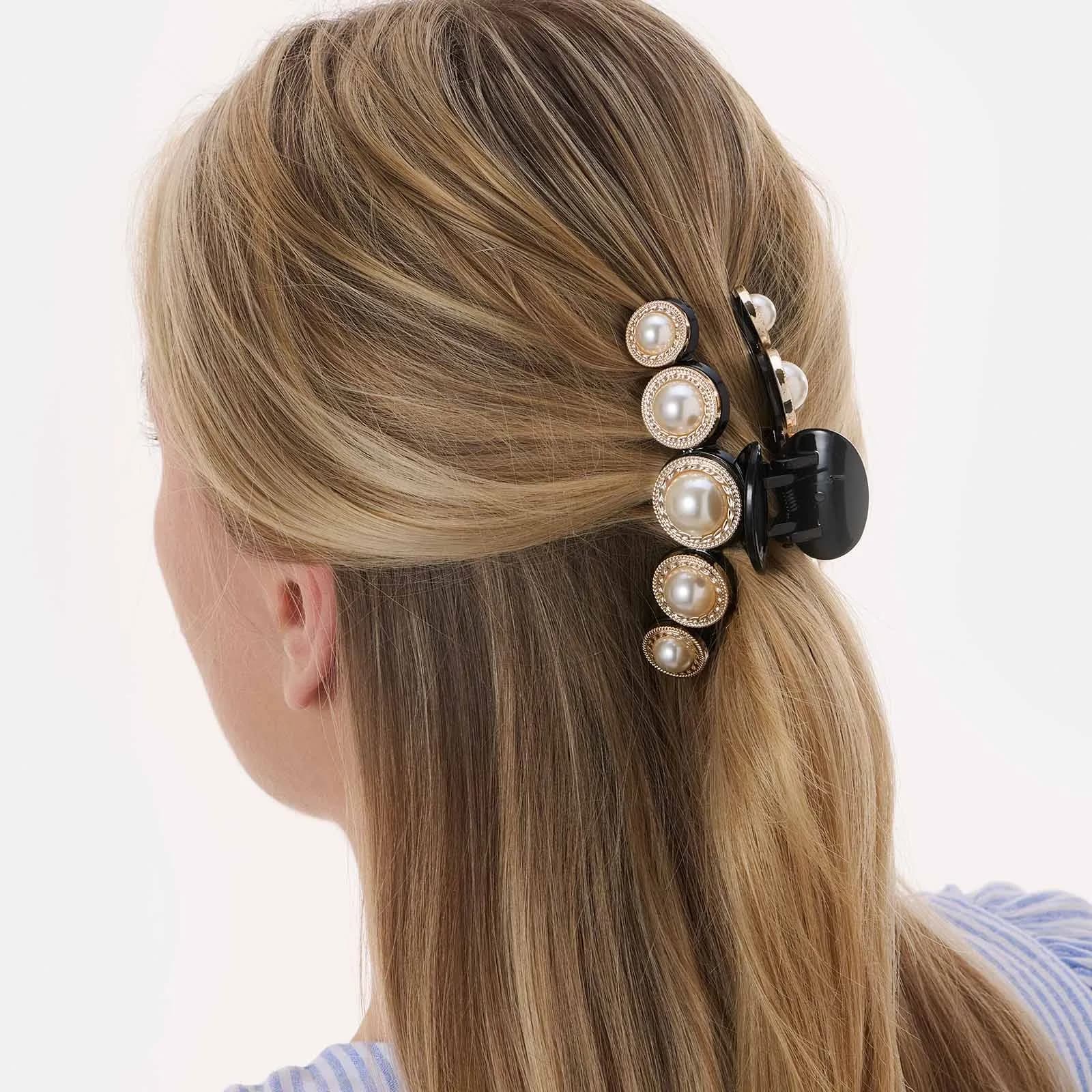 Svart hårklämma med vita detaljerade pärlor - 11 cm 2