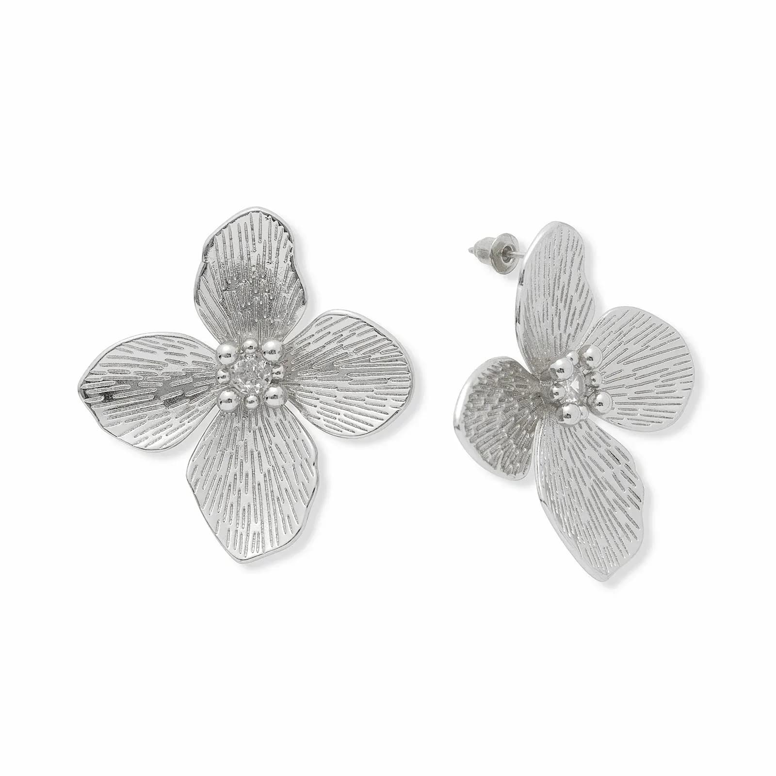 Silverfärgade örhängen, stora blommor med kristall - 43 mm