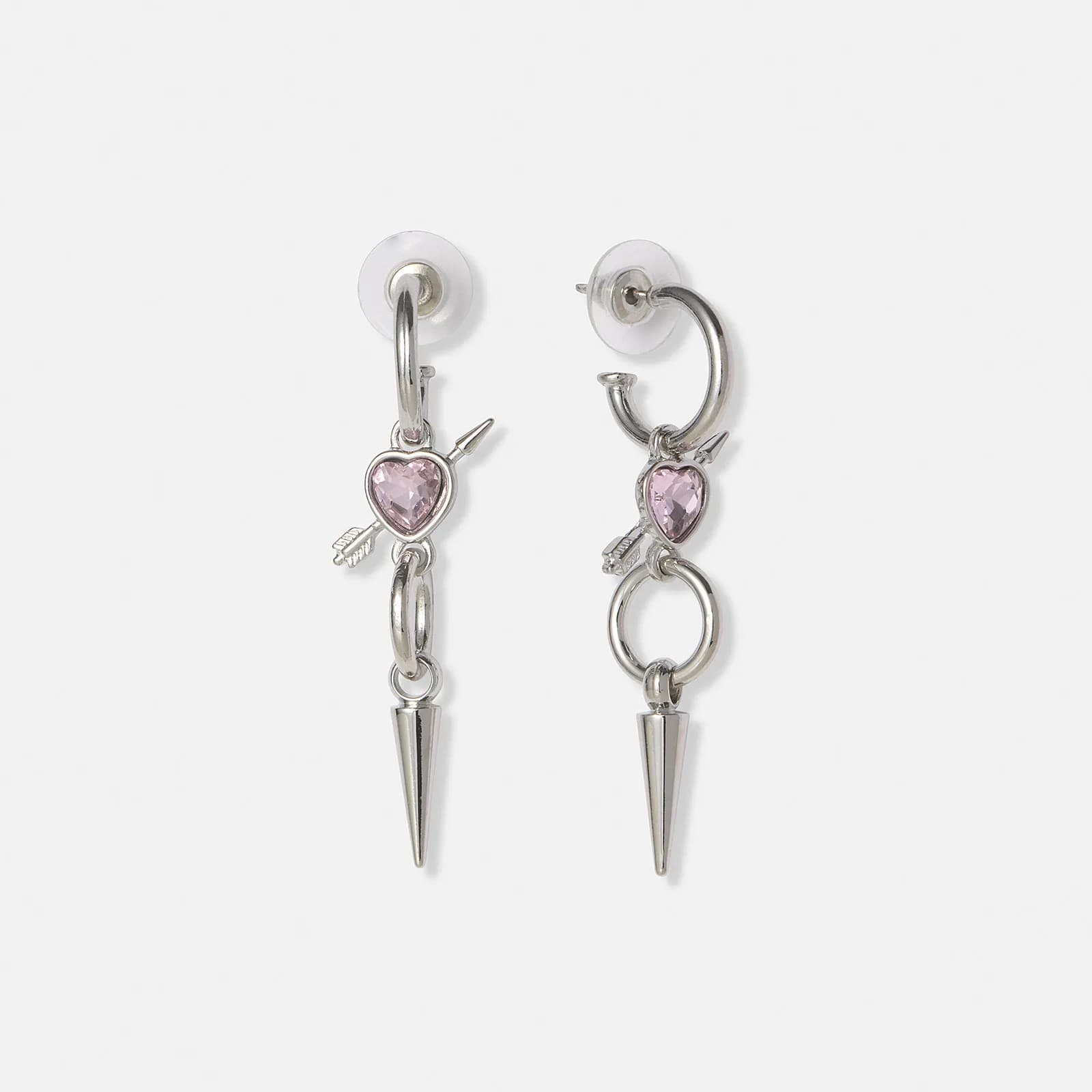 Silverfärgade örhängen, rosa hjärta med pil - 50mm