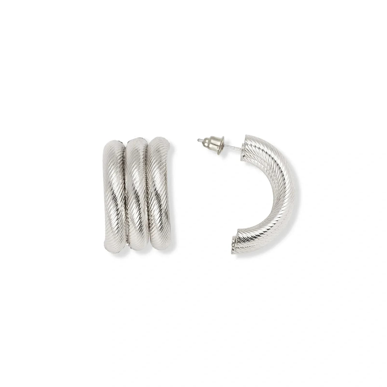 Silverfärgade örhängen, räfflade creoler med tre rader - 2 cm