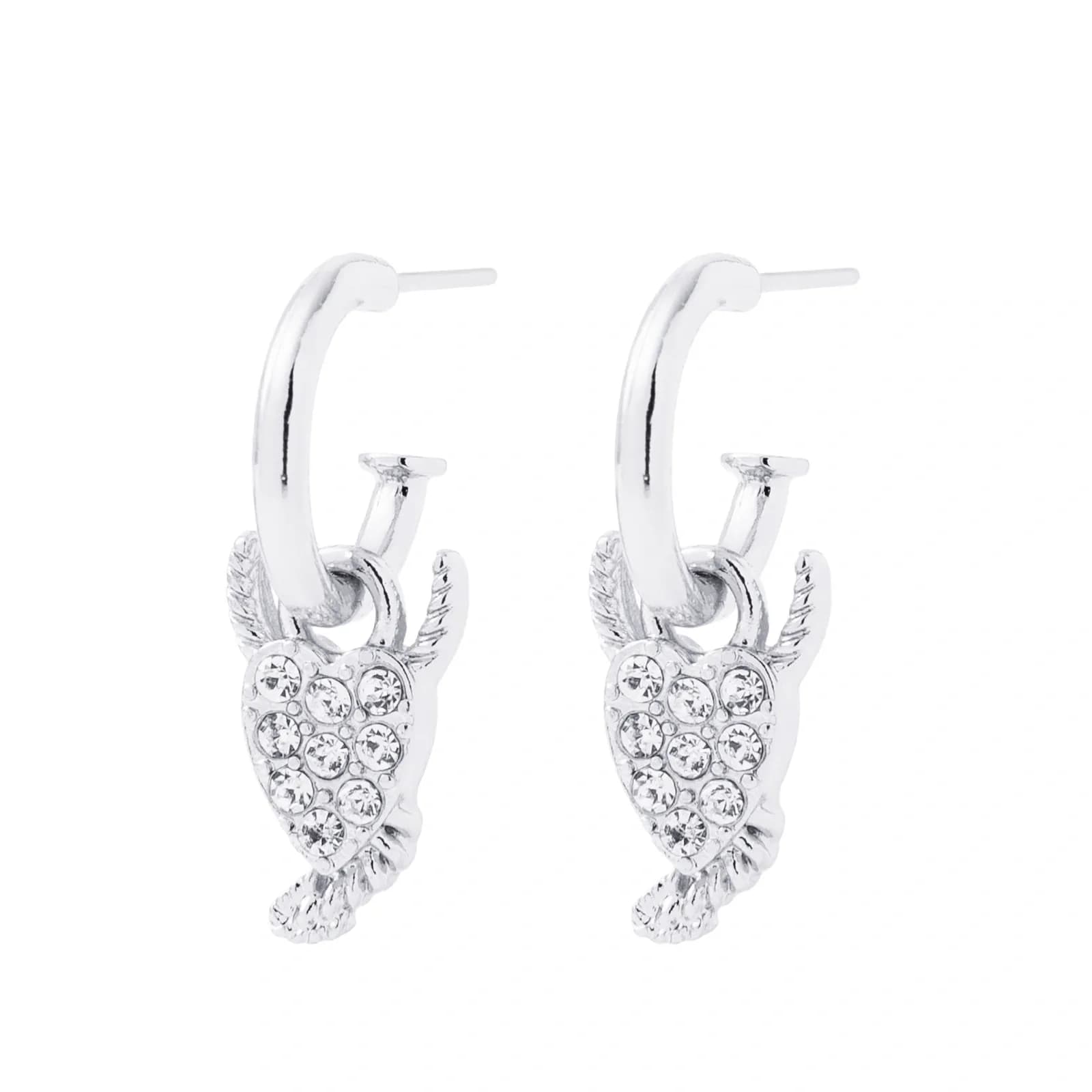 Silverfärgade örhängen, hängande hjärta med horn och glasstenar - 3 cm 3