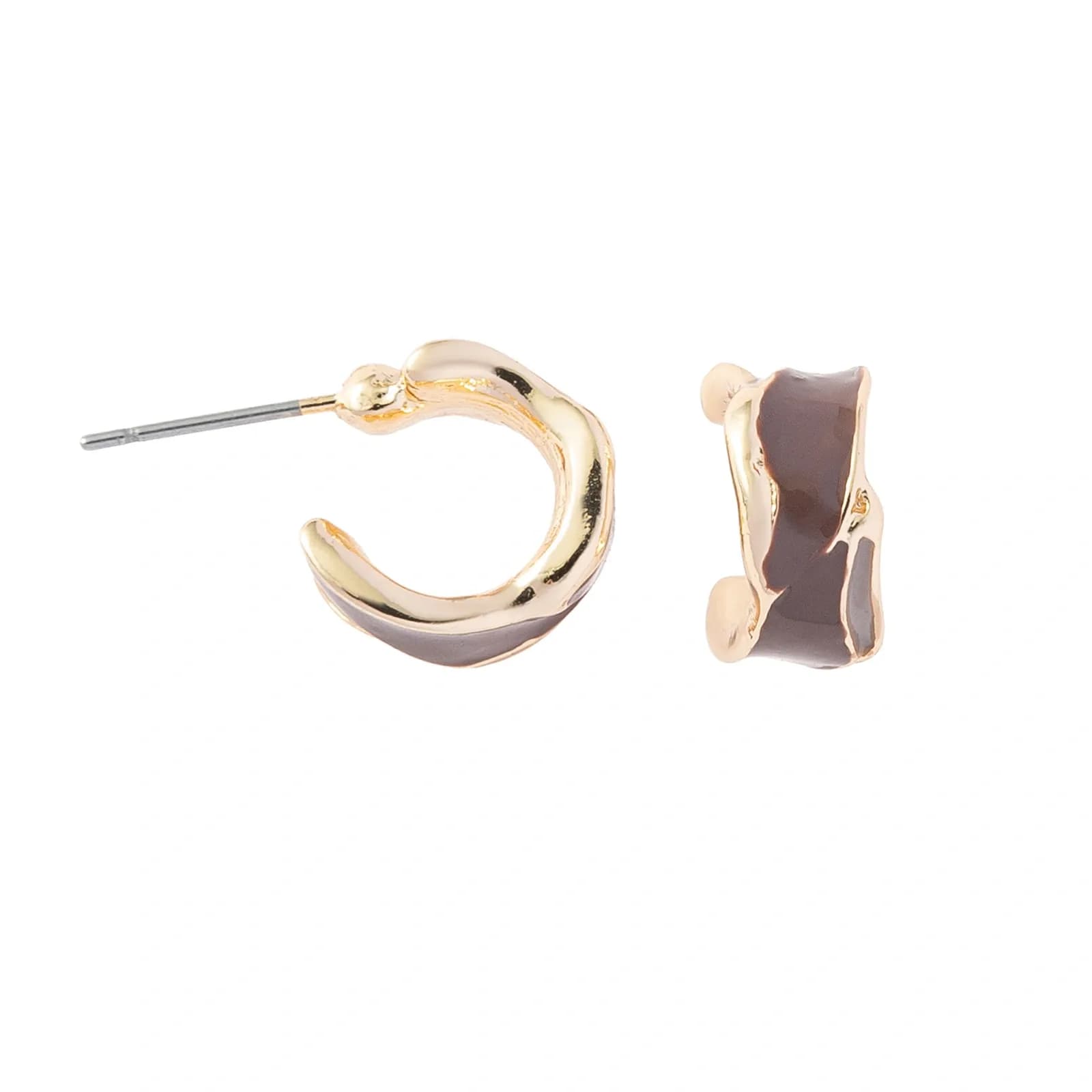 Guldfärgade örhängen hoops, brun och beige emalj - 1,5cm 2