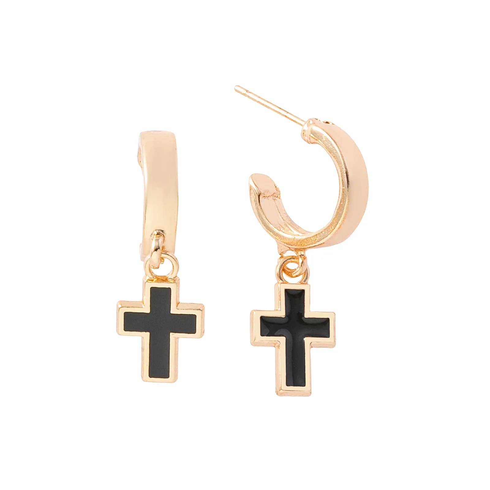 Guldfärgade örhängen hoops med svarta kors - 1x3 cm