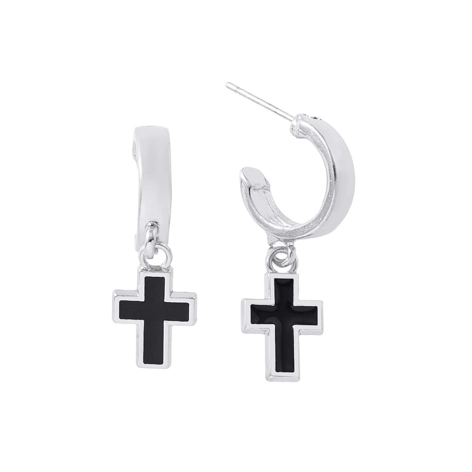 Silverfärgade örhängen hoops, svarta kors - 1x3 cm