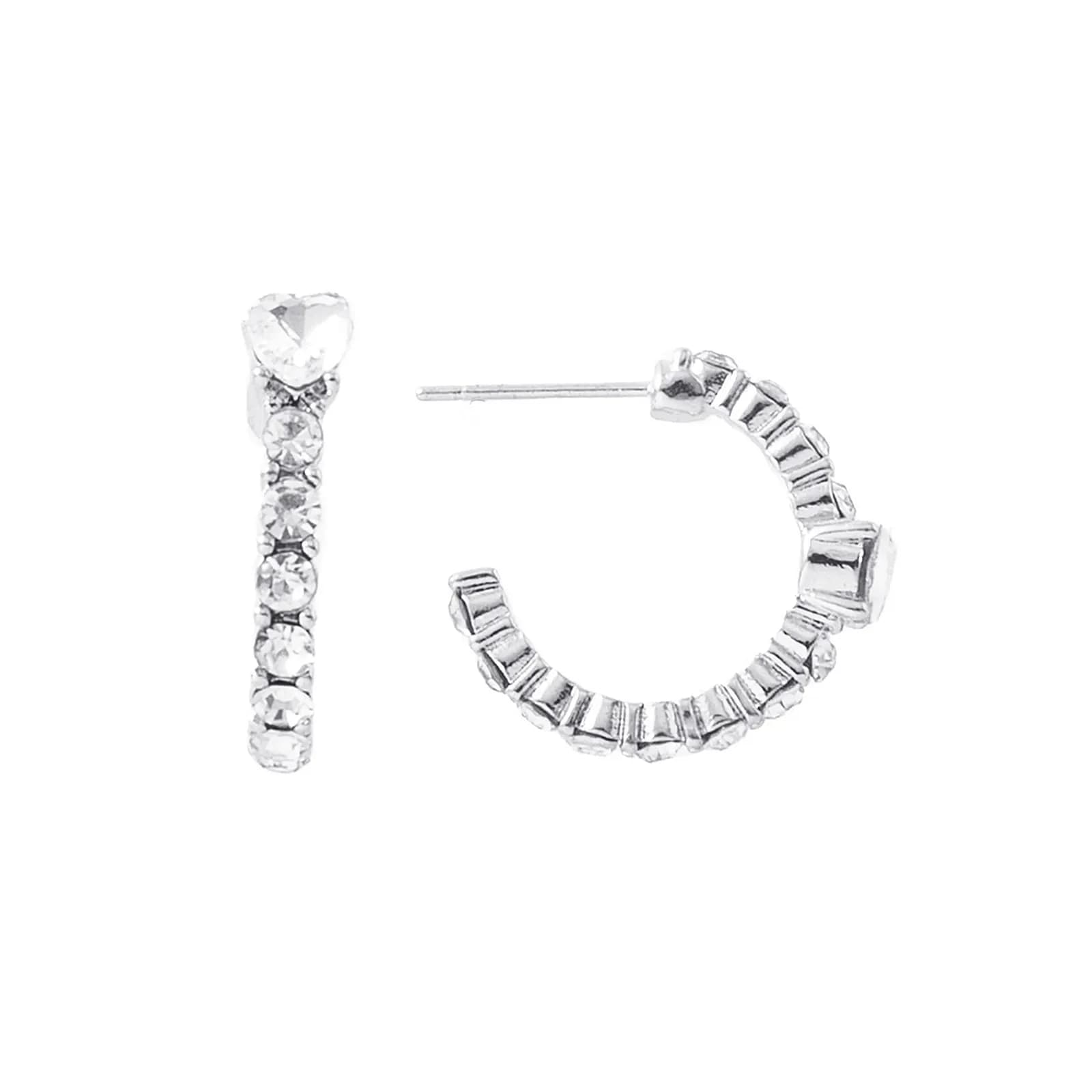 Silverfärgade örhängen hoop, glasstenar hjärta - 2x2cm
