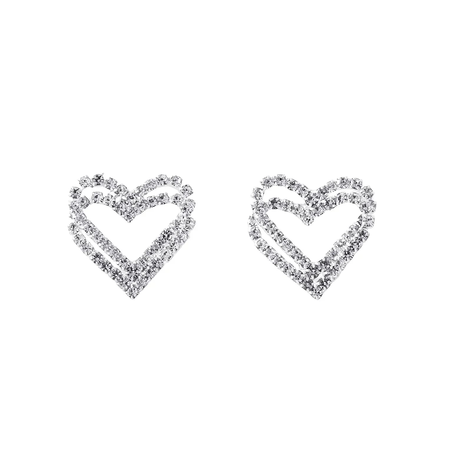 Silverfärgade örhängen, dubbla hjärtan med glasstenar - 2x2 cm