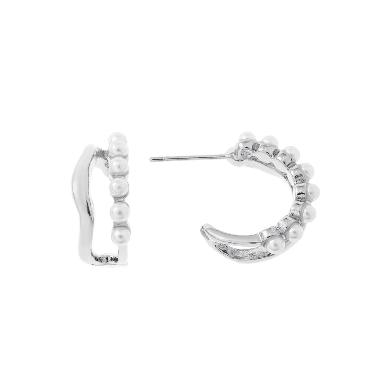 Silverfärgade örhängen, vågiga C-hoops med pärlor - 1,7 cm