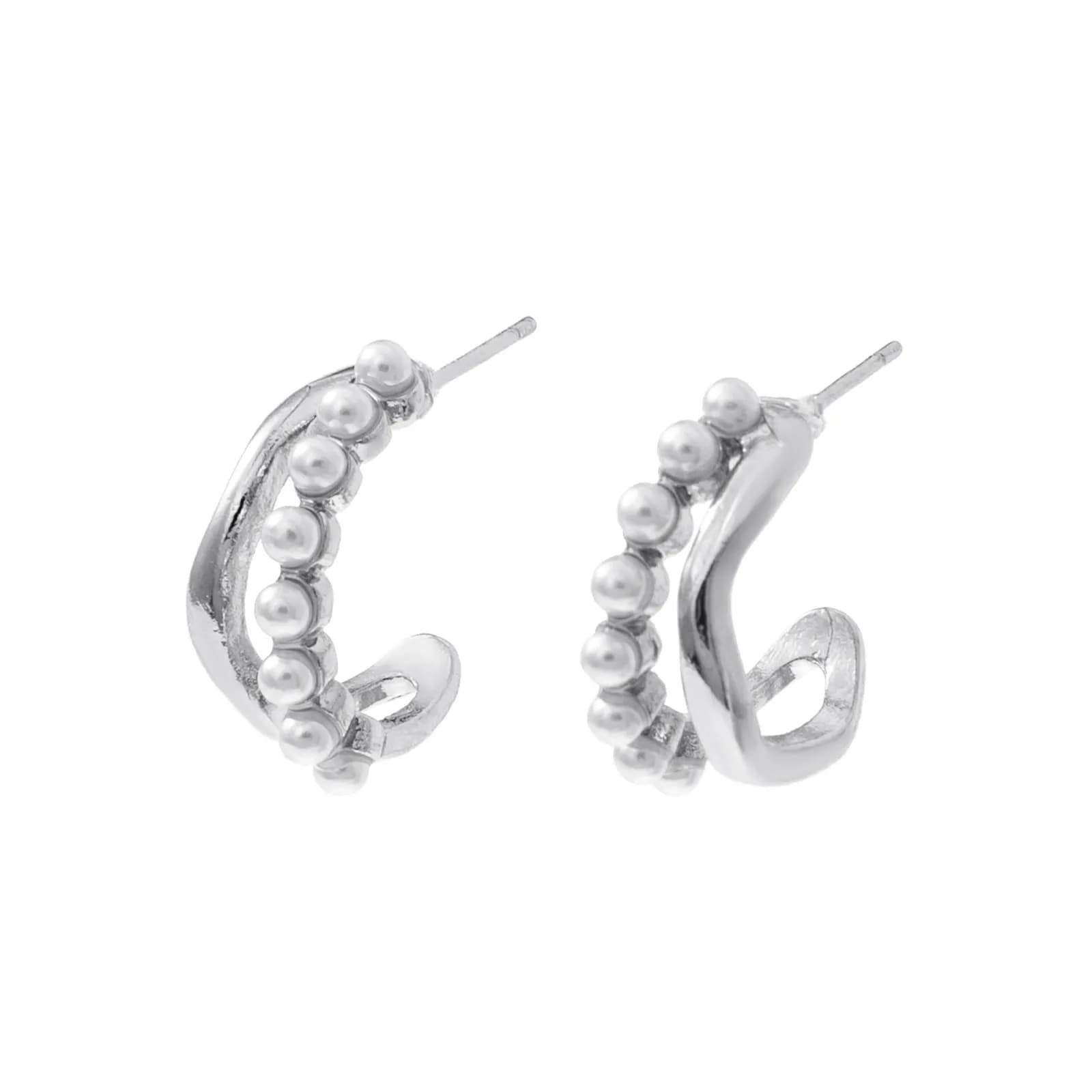 Silverfärgade örhängen, vågiga C-hoops med pärlor - 1,7 cm 3