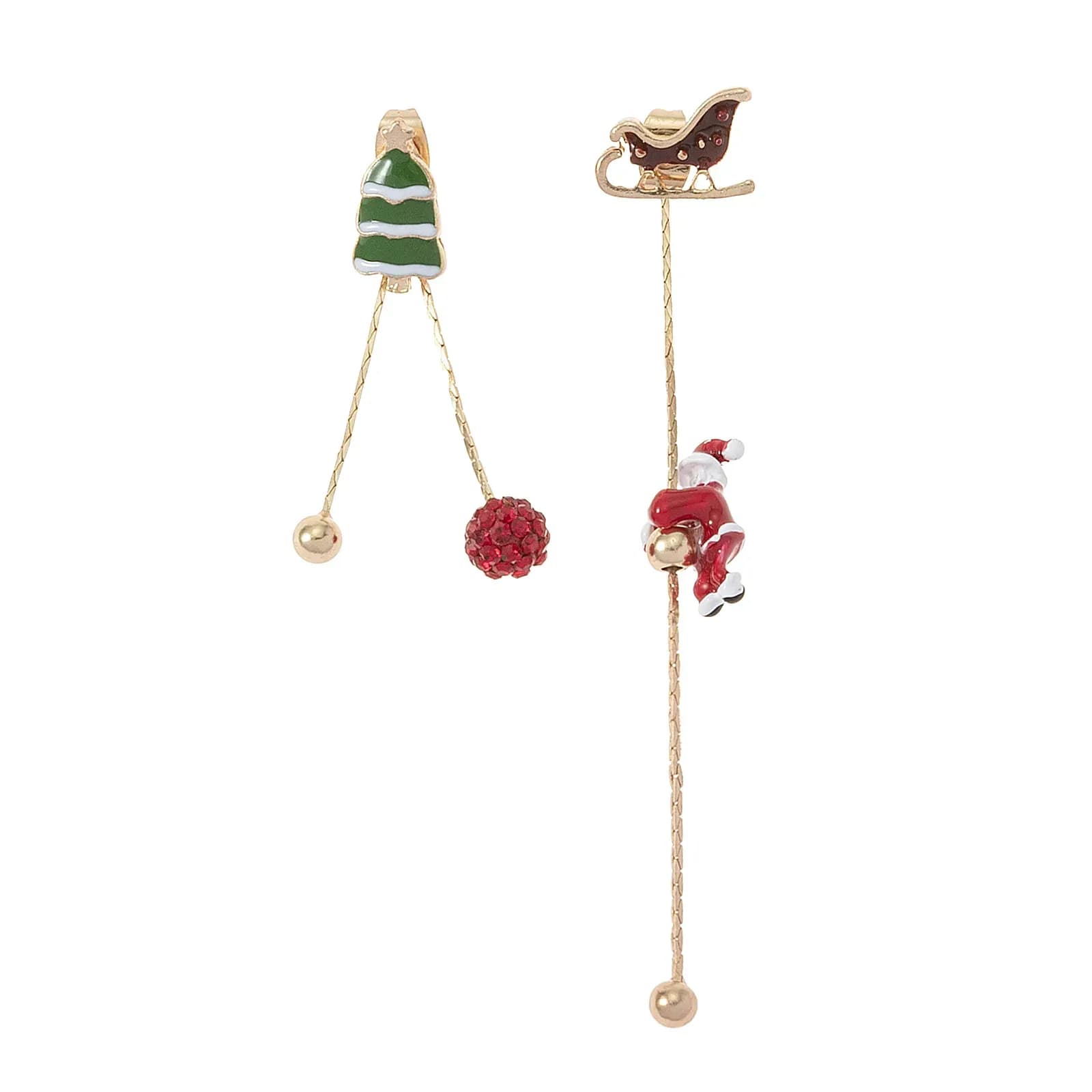 Guldfärgade örhängen, studs julgran och släde - 1x8 cm