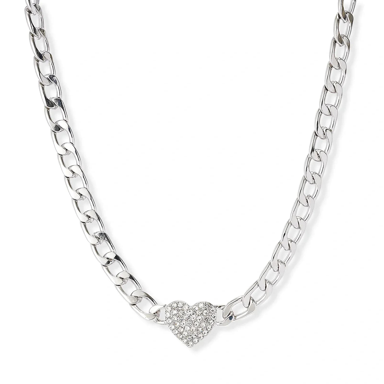 Silverfärgat halsband, glitterhjärta, 38+7cm