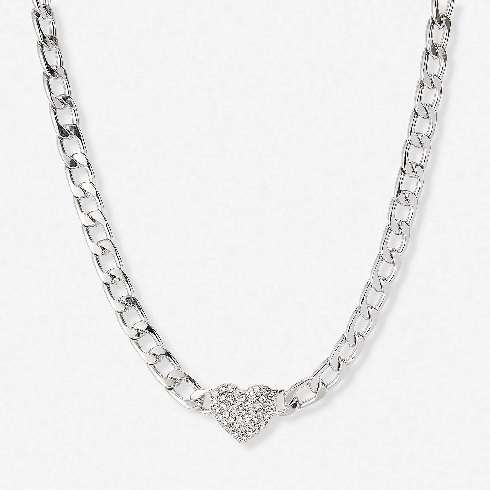 Silverfärgat halsband, glitterhjärta, 38+7cm 1