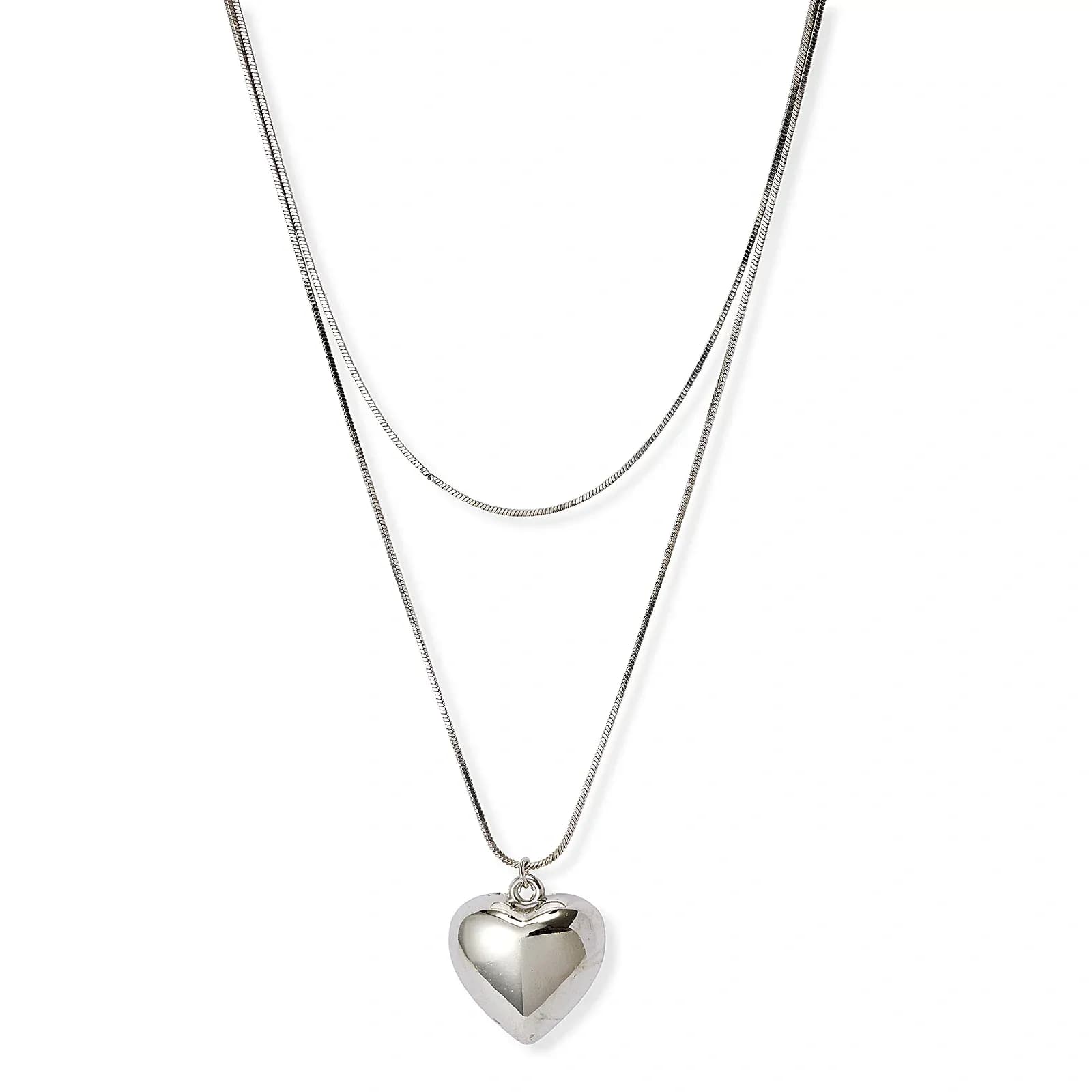 Silverfärgat tvåradigt halsband, hjärta, 36-46+7cm