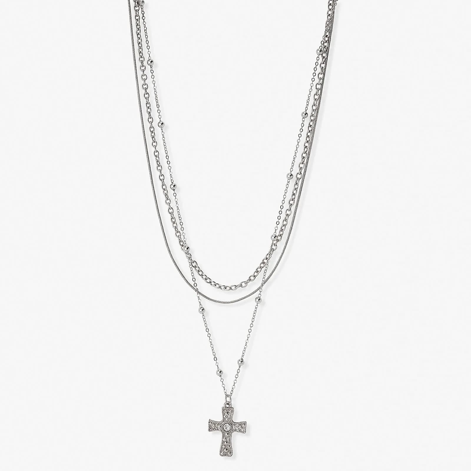 Silverfärgat treradigt halsband, kors, 38-50+7cm 1