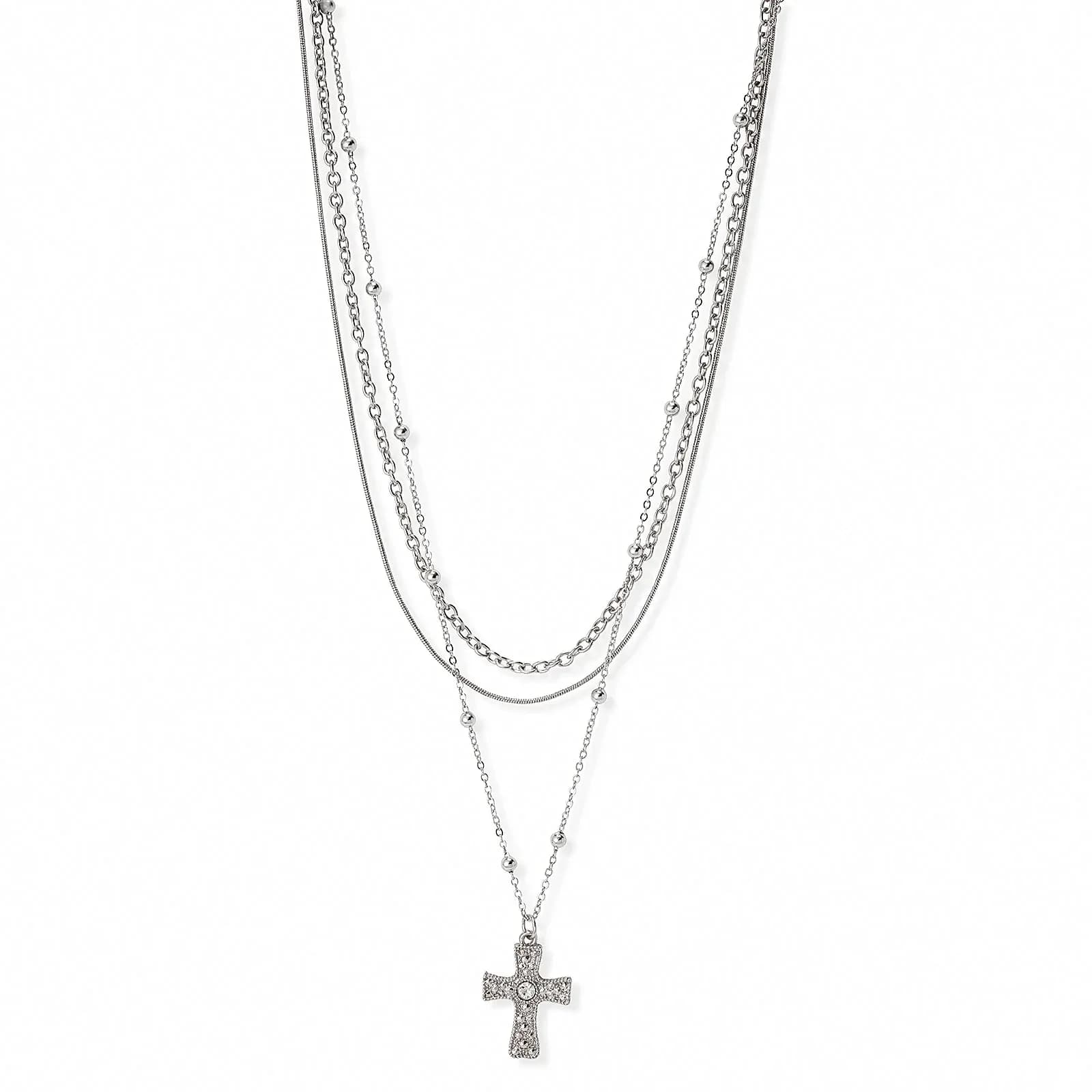 Silverfärgat treradigt halsband, kors, 38-50+7cm