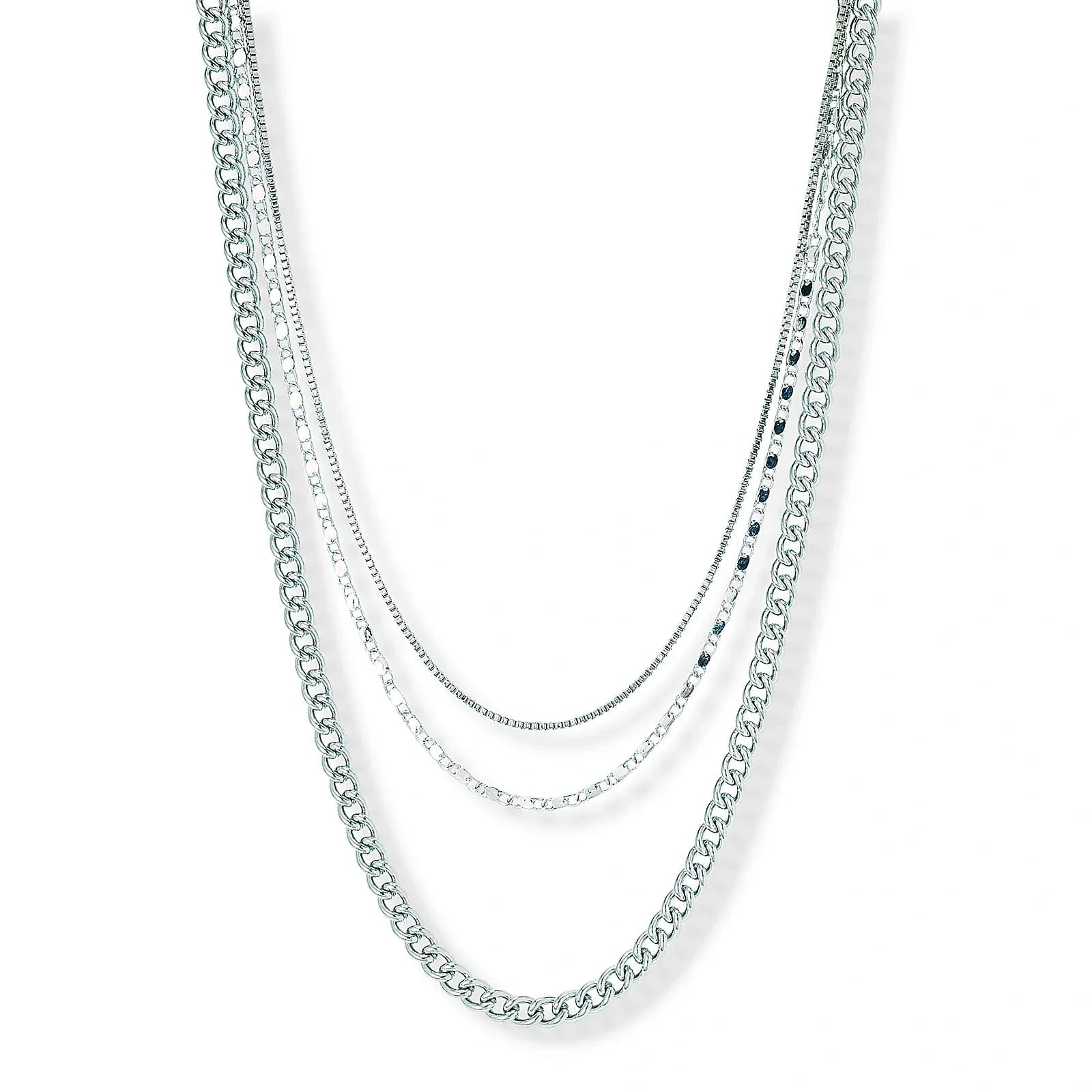 3-radigt silverfärgat halsband, olika kedjor - 33-55 cm