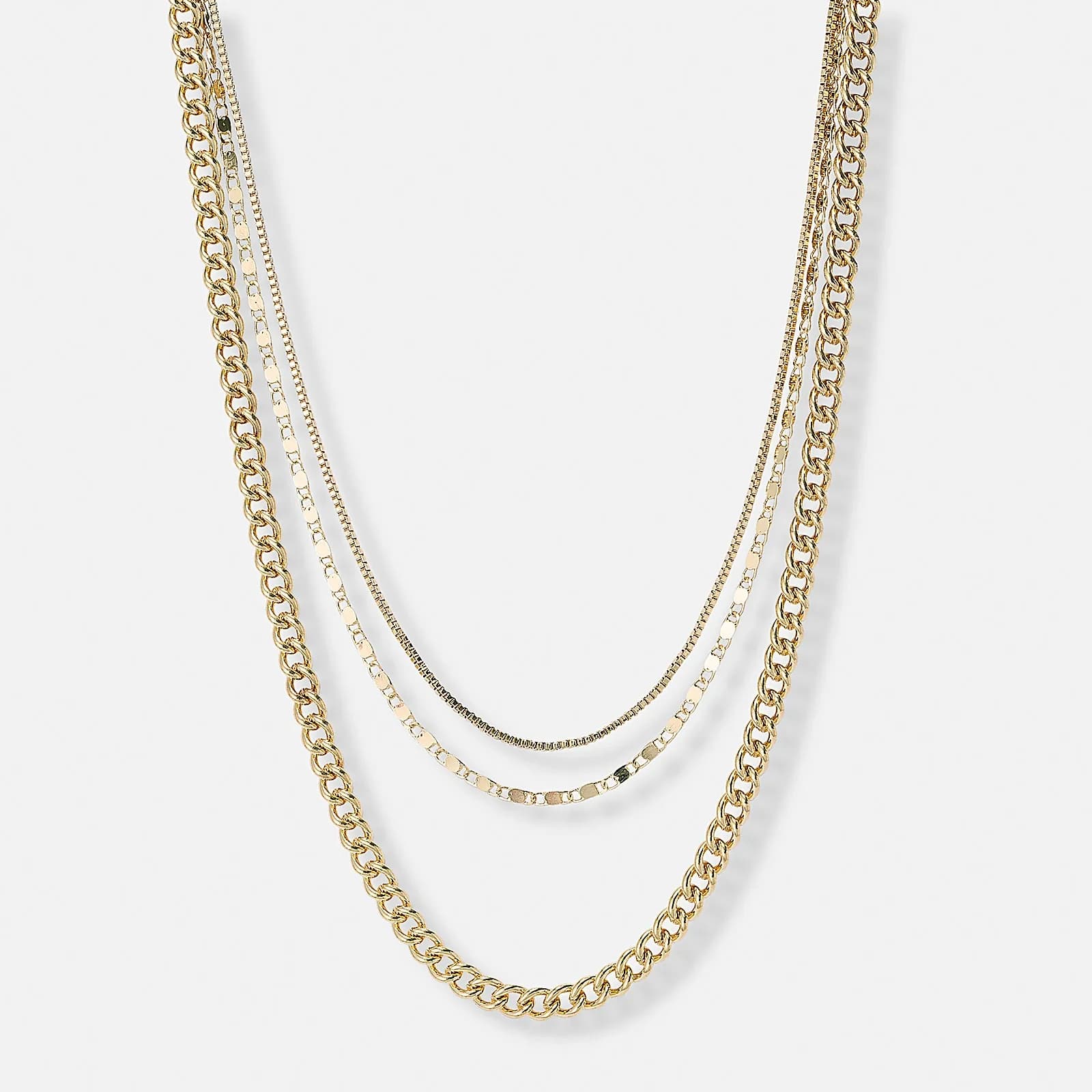 3-radigt guldfärgat halsband, olika kedjor - 33-55 cm
