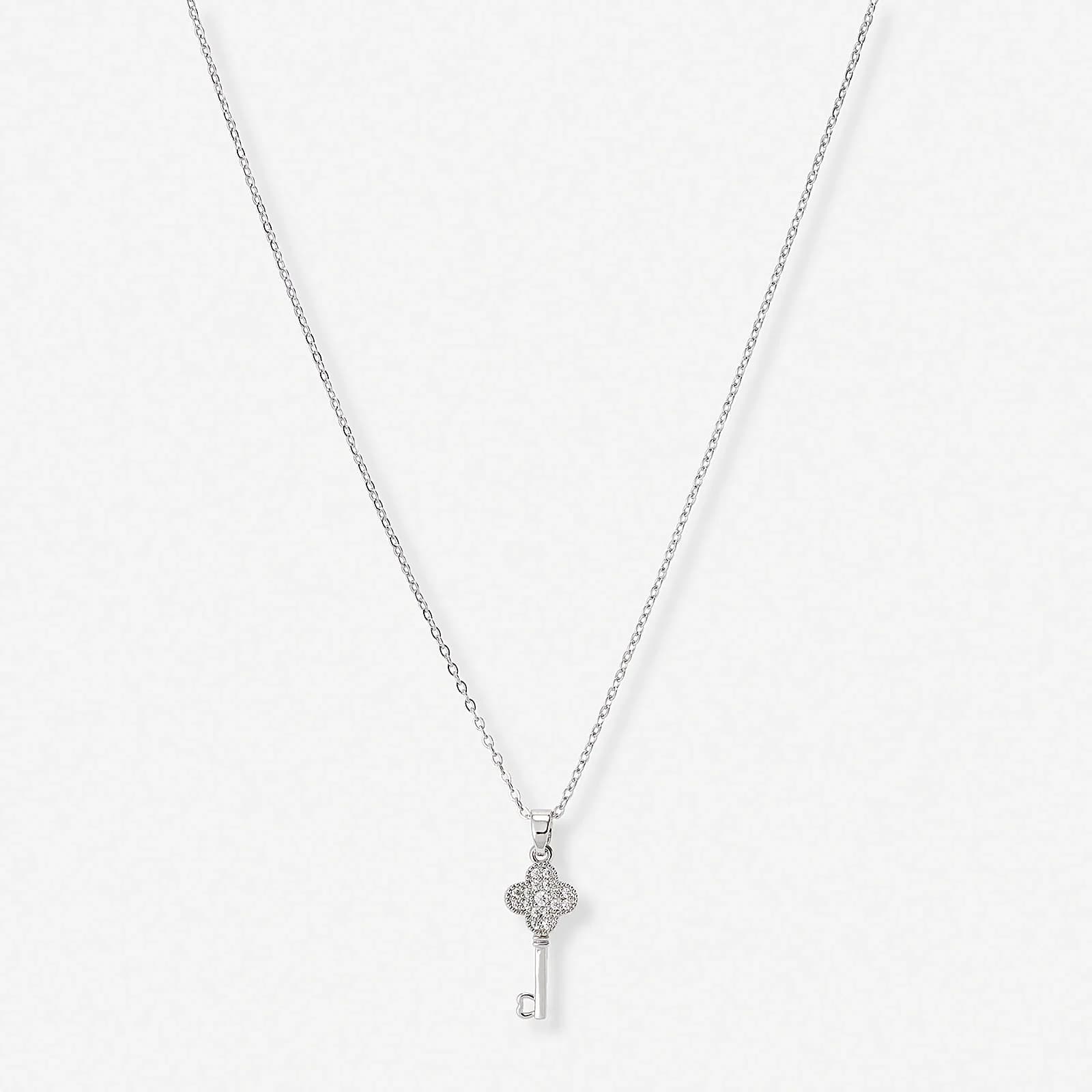 Silverfärgat halsband, nyckel & fyrklöver - 42+7 cm