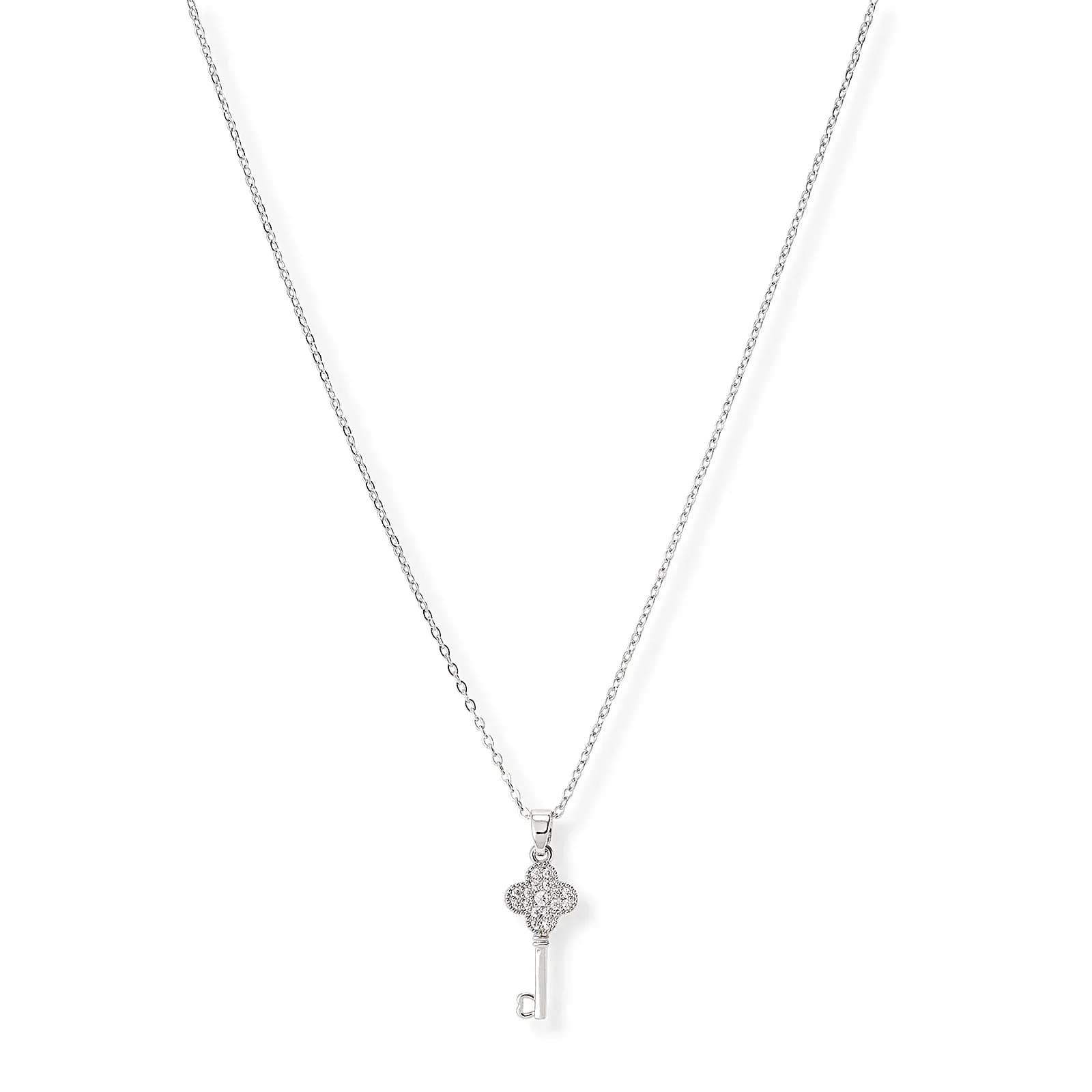 Silverfärgat halsband, nyckel & fyrklöver - 42+7 cm