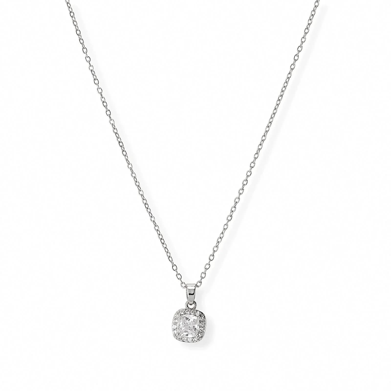 Silverfärgat halsband, fyrkantig sten med halo - 42+7 cm