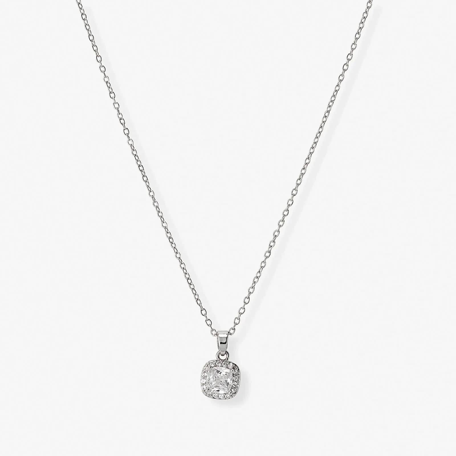 Silverfärgat halsband, fyrkantig sten med halo - 42+7 cm