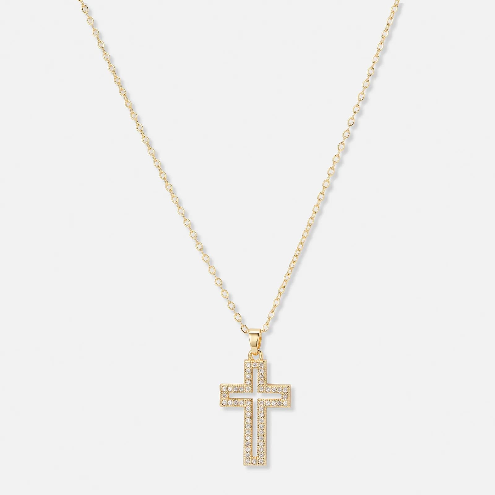 Guldfärgat halsband, kors med vita stenar - 39+5 cm