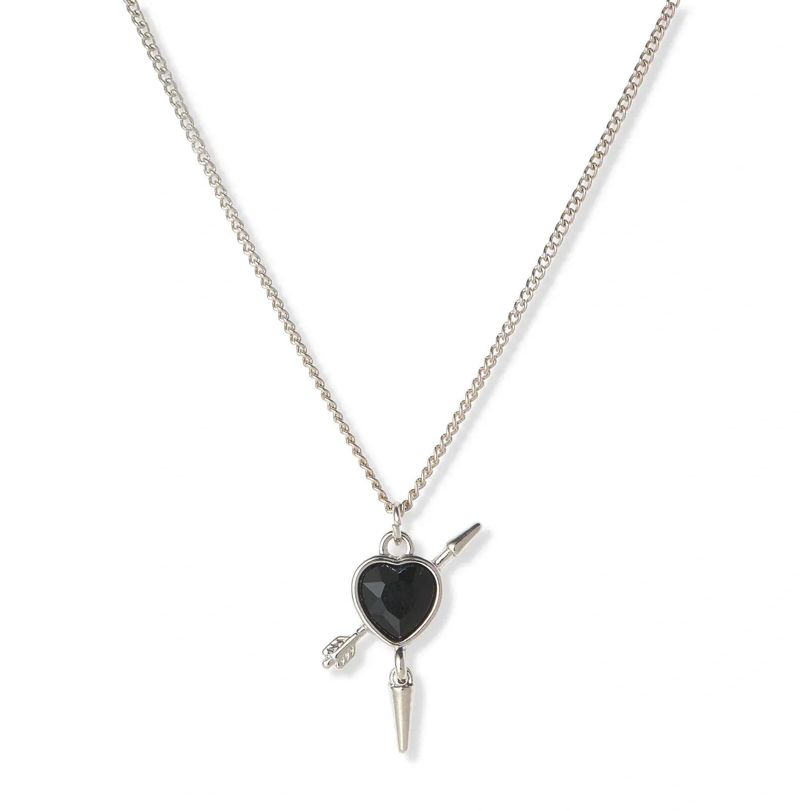 Silverfärgat halsband, svart hjärta med nit - 42+7cm