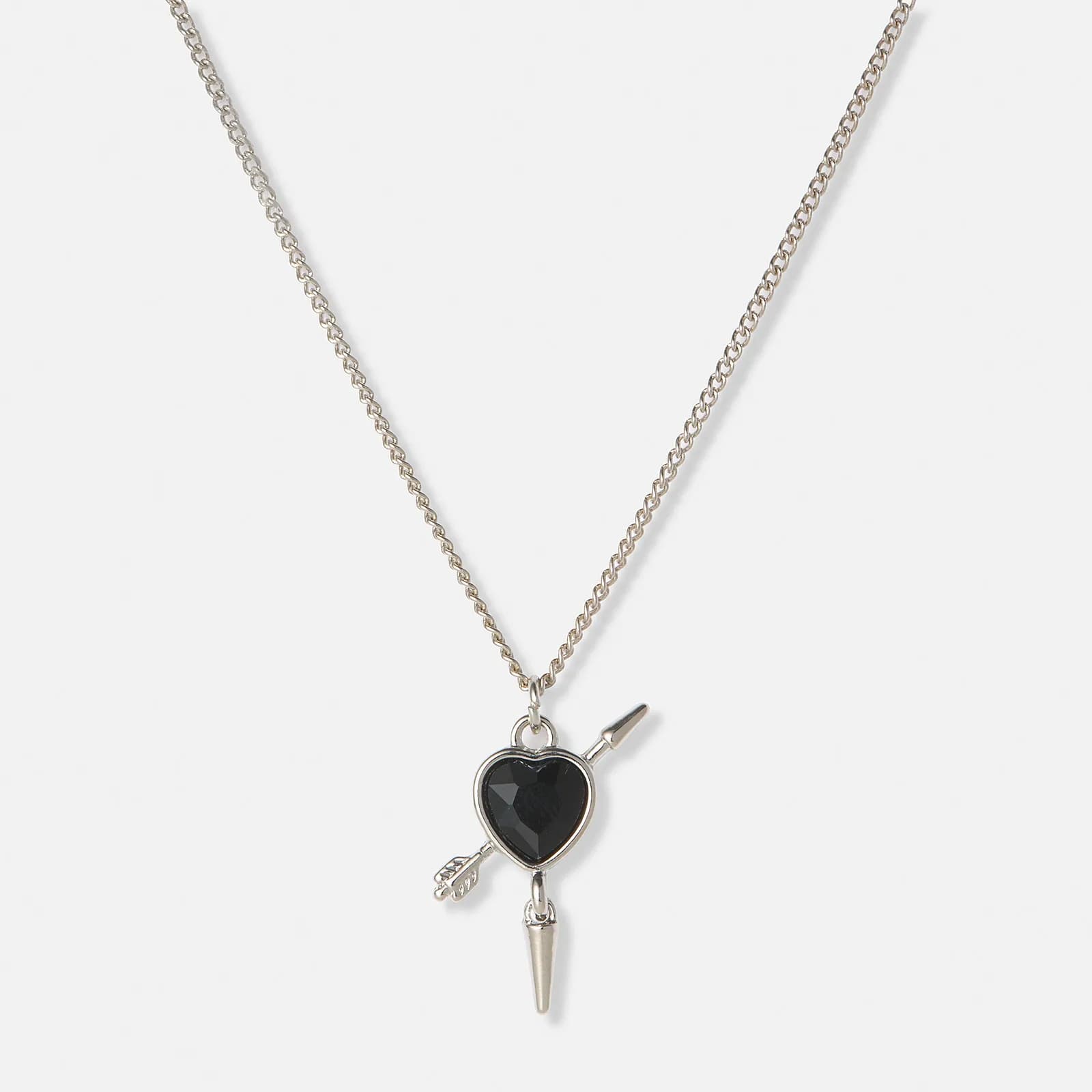 Silverfärgat halsband, svart hjärta med nit - 42+7cm
