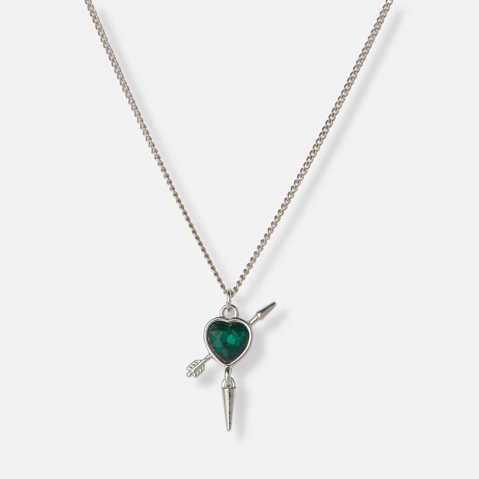 Silverfärgat halsband, grönt hjärta med nit - 42+7cm