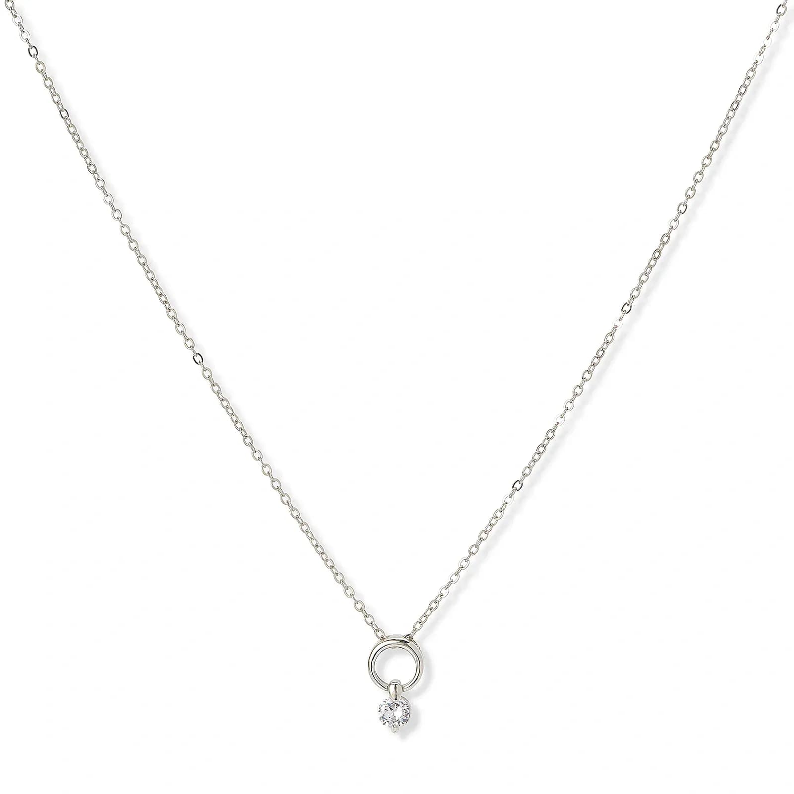 Silverfärgat halsband, cirkel med hängande kristall – 42+7 cm