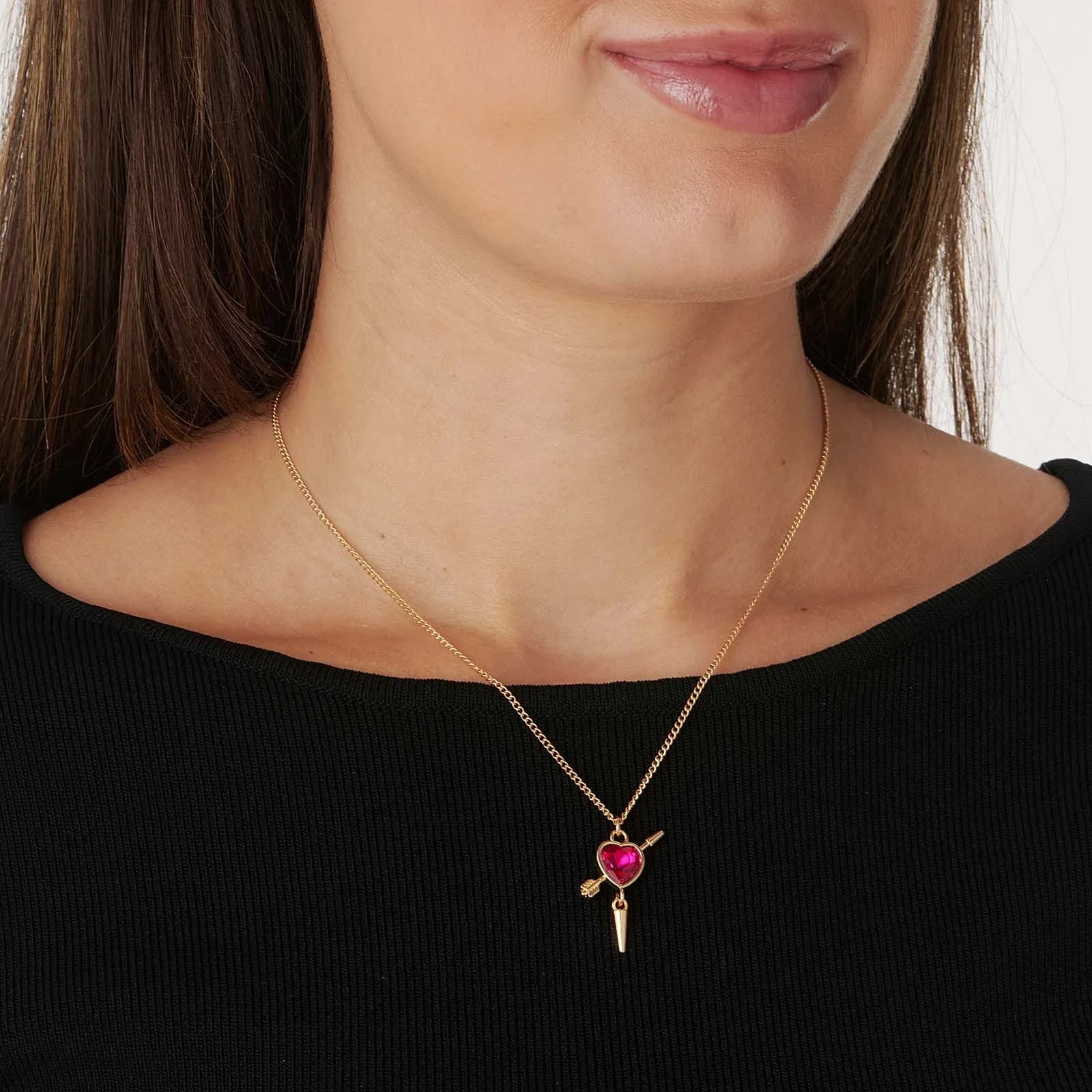 Guldfärgat halsband, fuchsia hjärta med nit - 42+7cm 2