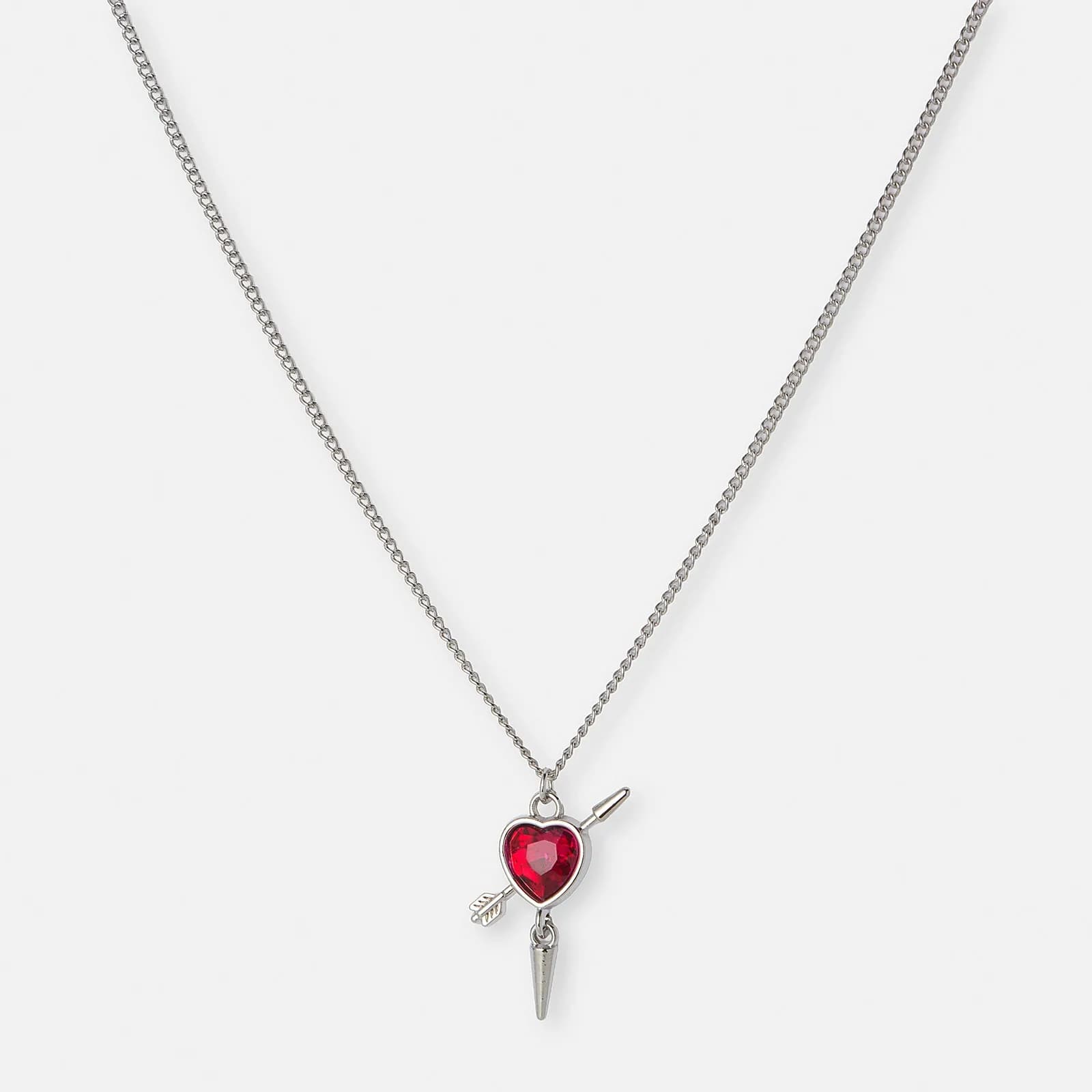 Silverfärgat halsband, fuchsia hjärta med nit - 42+7cm