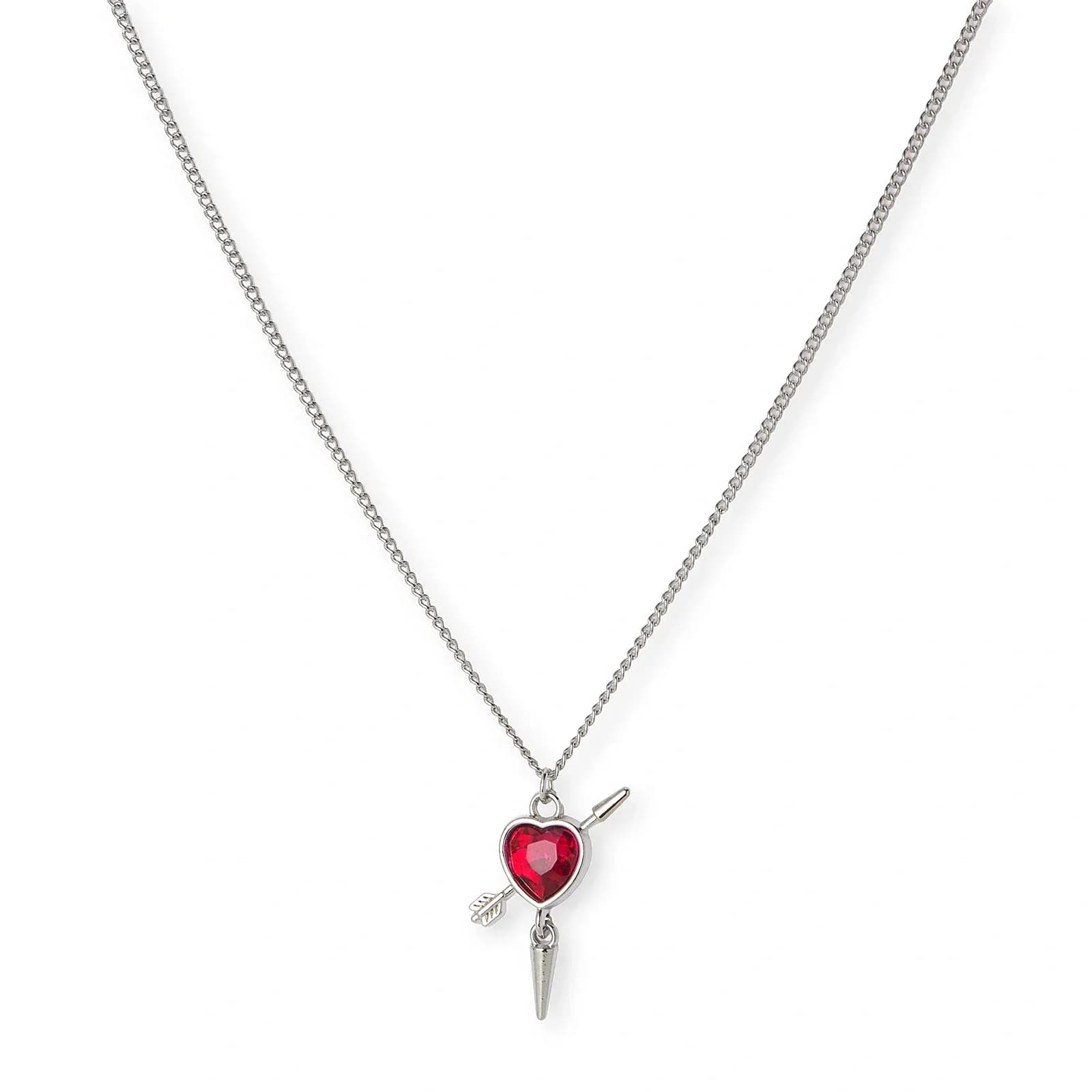 Silverfärgat halsband, fuchsia hjärta med nit - 42+7cm