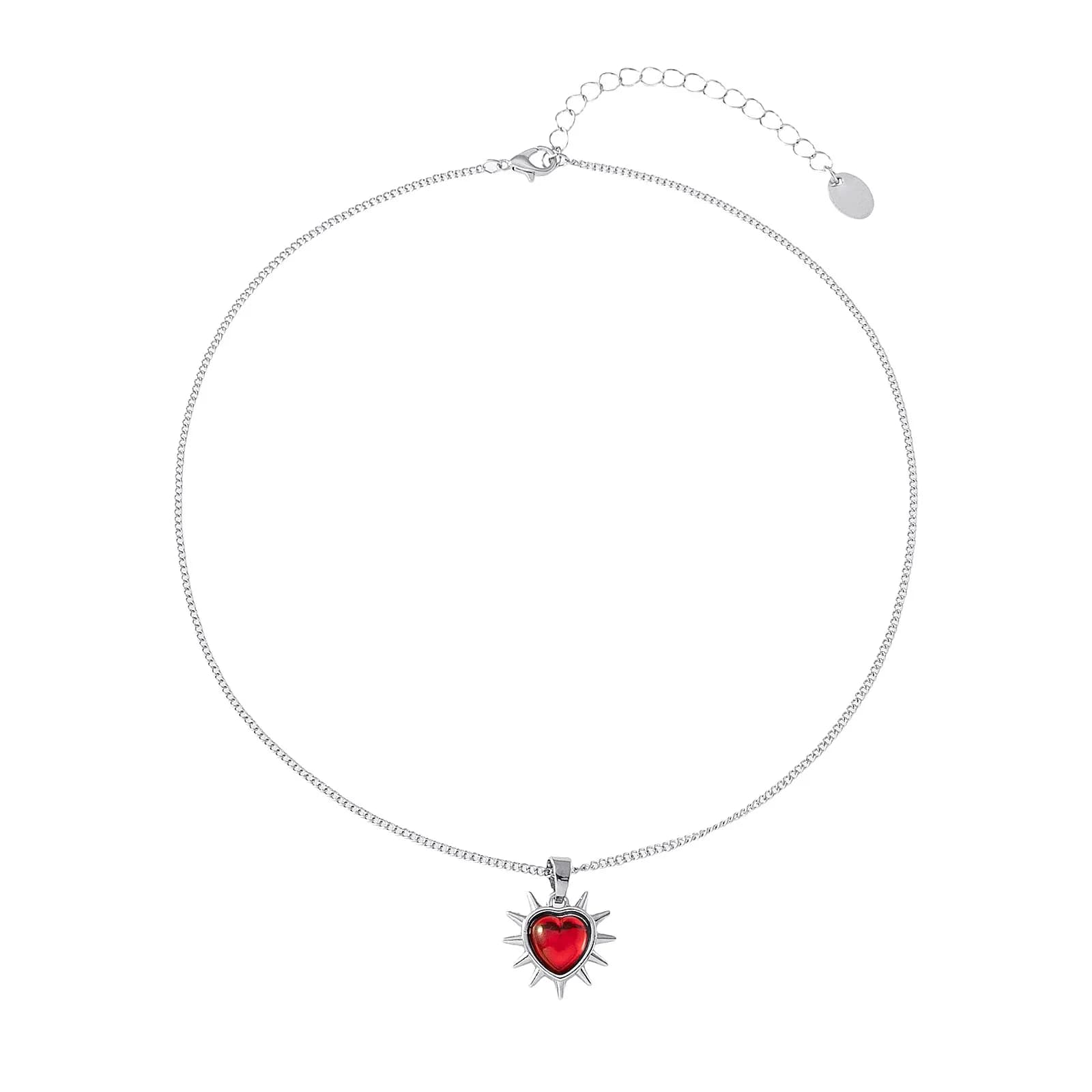 Silverfärgat halsband, rött hjärta med taggar - 42+7 cm