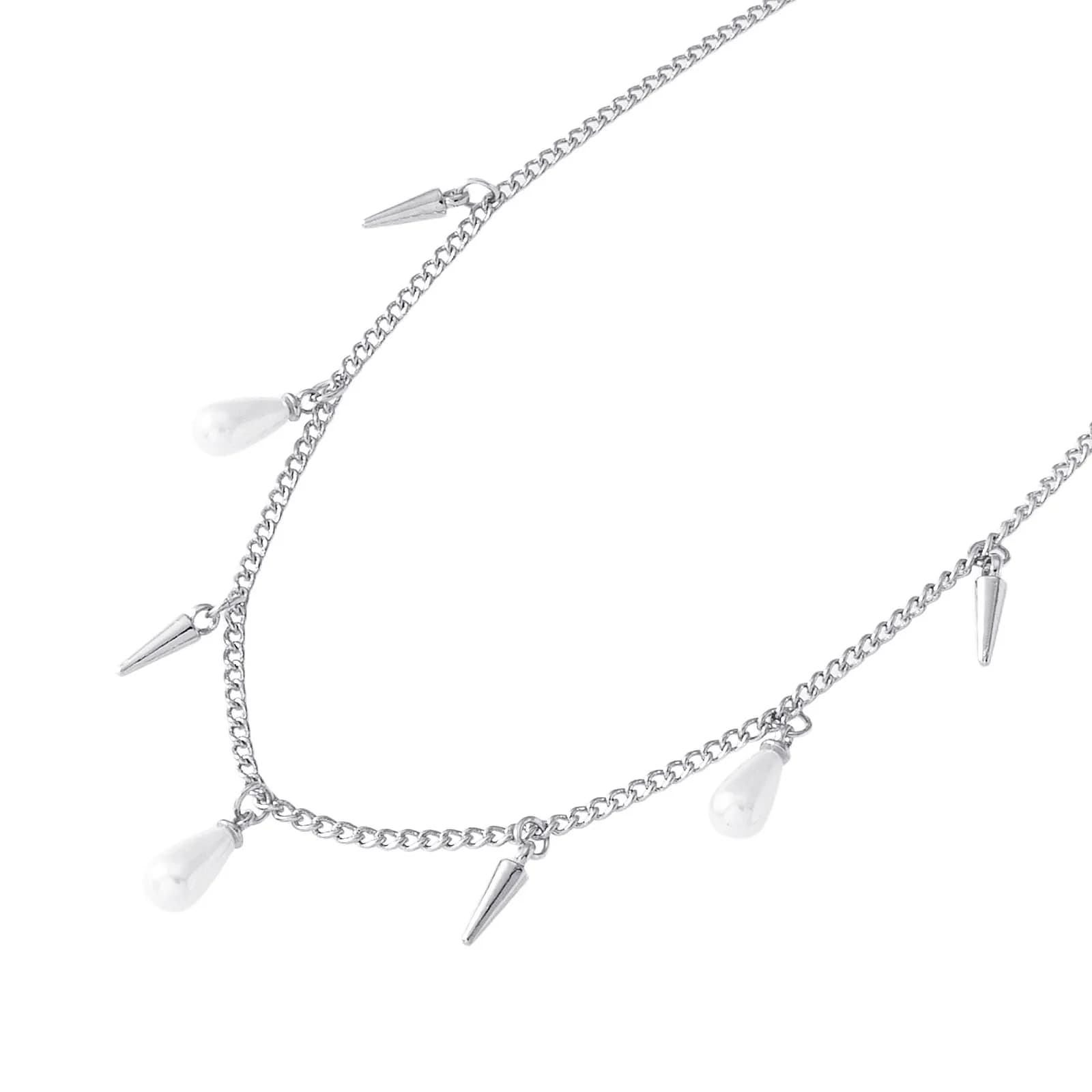 Silverfärgat halsband, pärldroppar och taggar - 42+5 cm 2