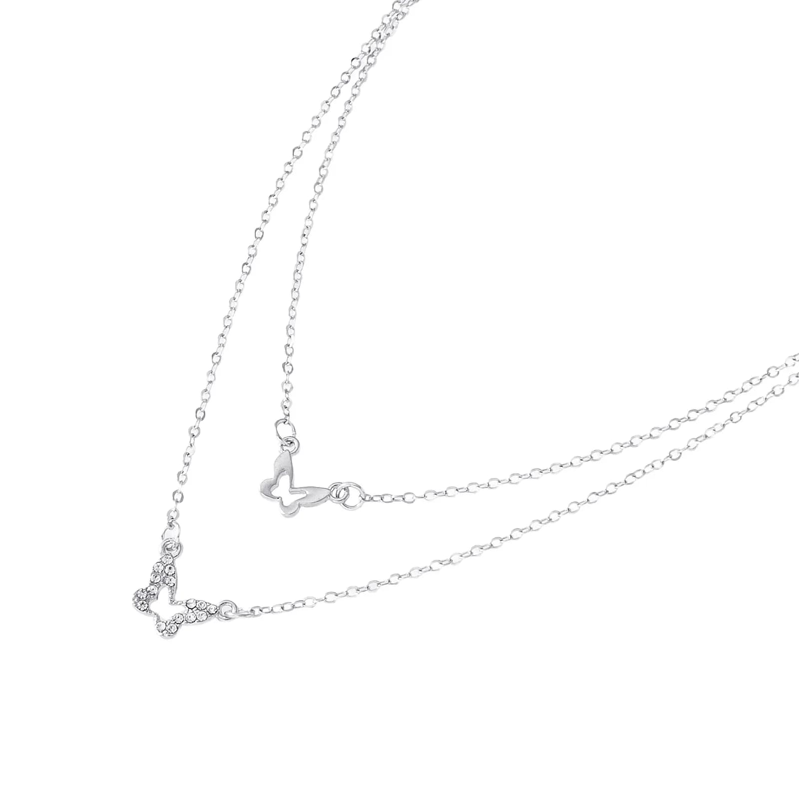 Silverfärgat halsband, dubbelradigt med fjärilar - 42+7 cm 2
